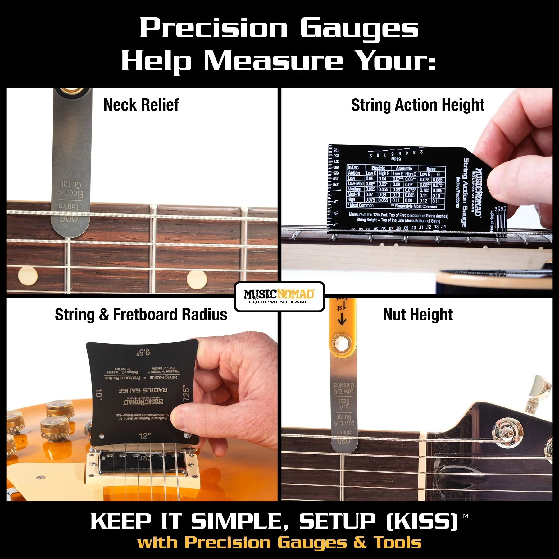MusicNomad KEEP IT SIMPLE, SETUP (KISS)? Starter Kit Bundle - 6 pc. Gauge Set, 26 pc. Guitar Tech Tool Set, 11 pc. Truss Rod Wrench Set (MN609)