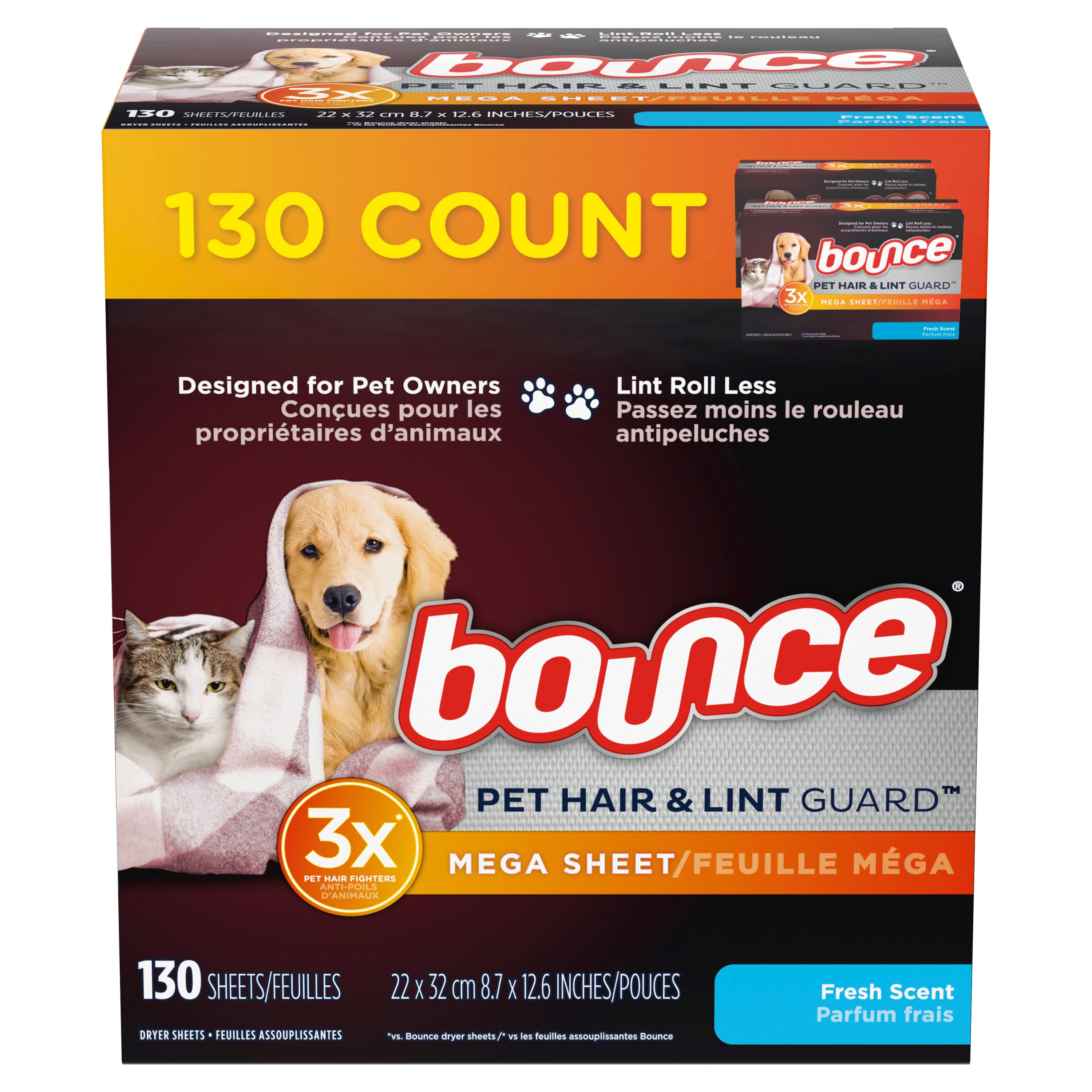 Bounce Dryer Sheets, Pet Hair & Lint Guard, Fresh Scent, Mega - 130 sheets