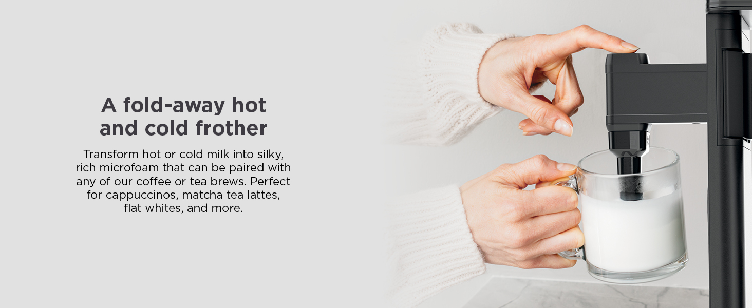 hot and cold frother milk into silky, cappuccinos, matcha tea lattes, flat whites