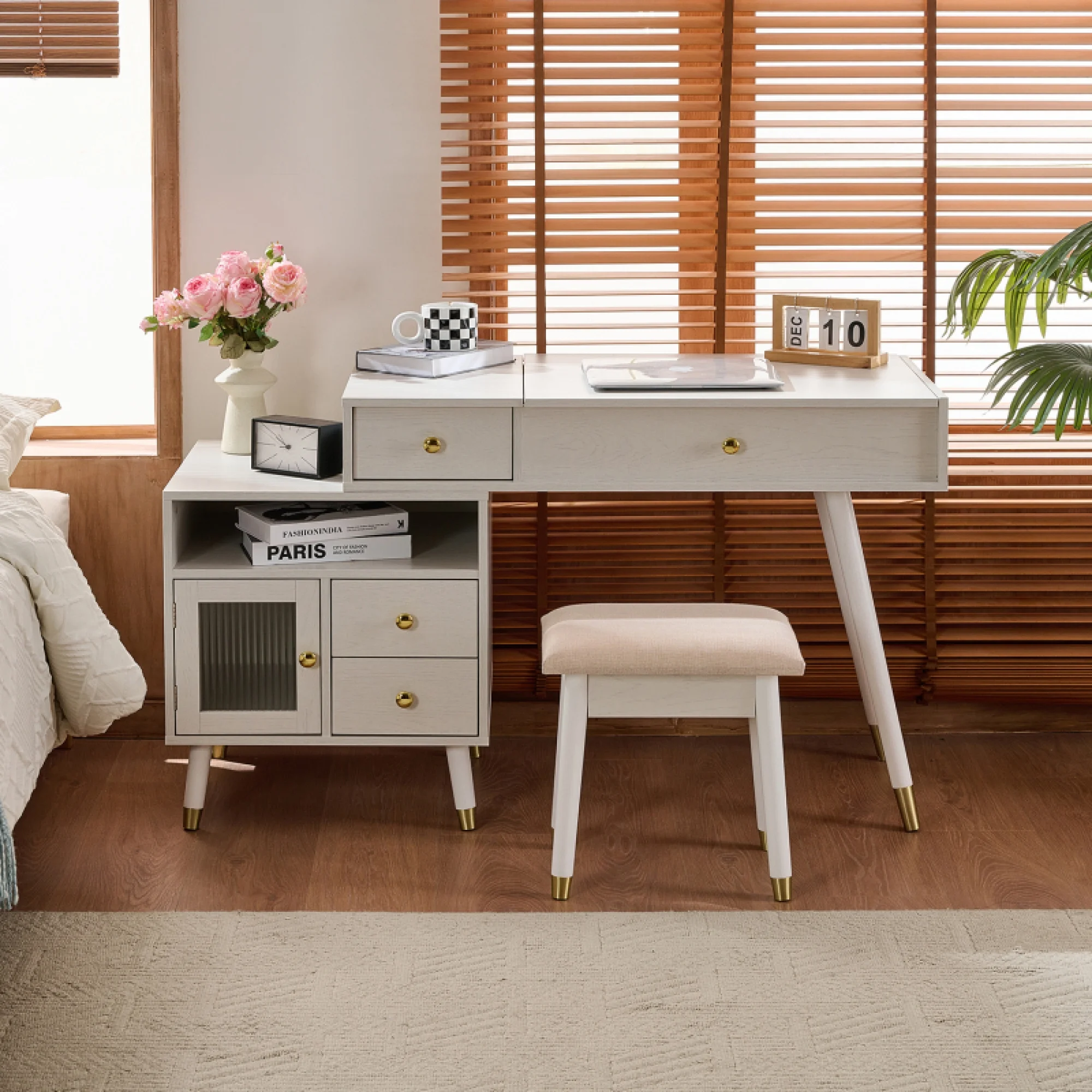 3-in-1 Vanity Desk with Lighted Flip-Top Mirror Adjustable Cabinet, Makeup Dressing Table with Stool, Dresser with Drawers for Bedroom, White(White) - Image 5