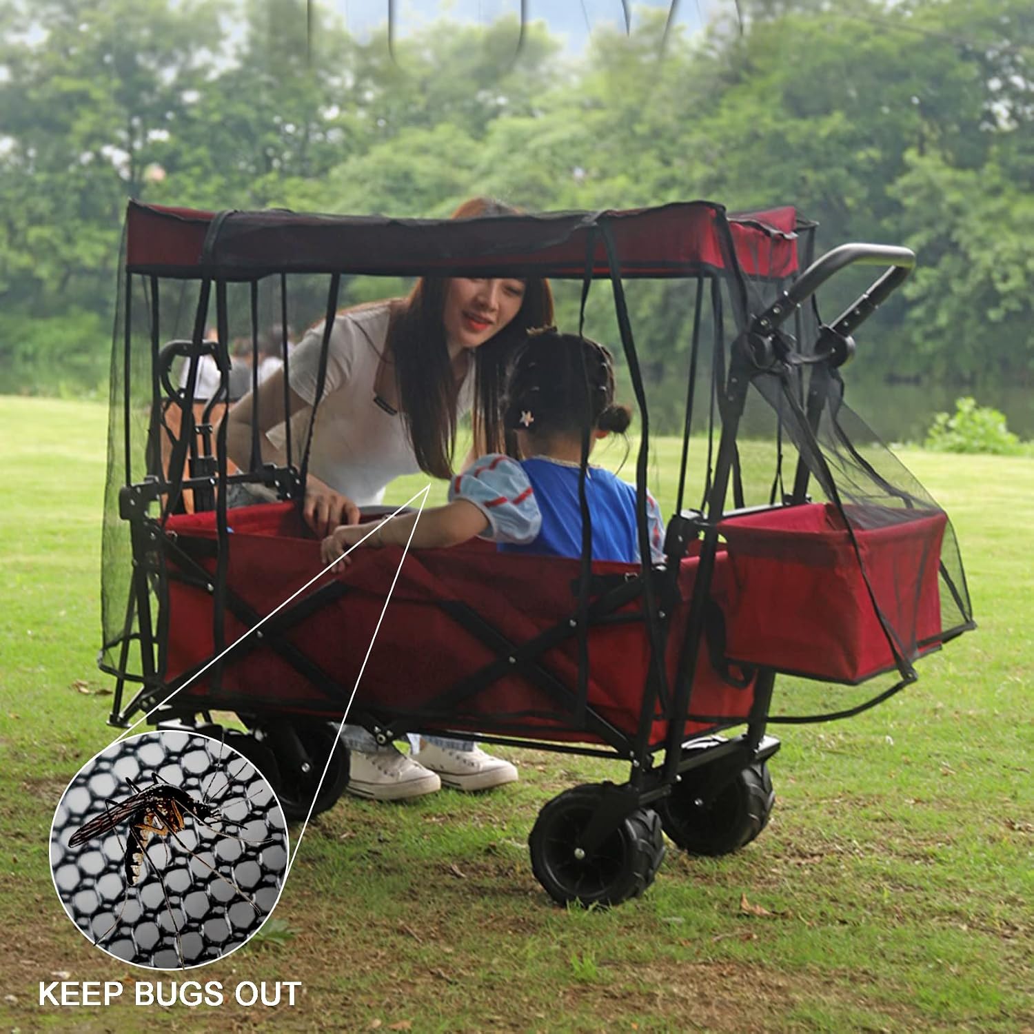 Mosquito Net for Wagon Universal, Bug Net Cover for Collapsible Beach Folding Utility Kids Grocery Push Pull Stroller Wagon Cart Accessories Attachment Foldable Sun Shade for Camping