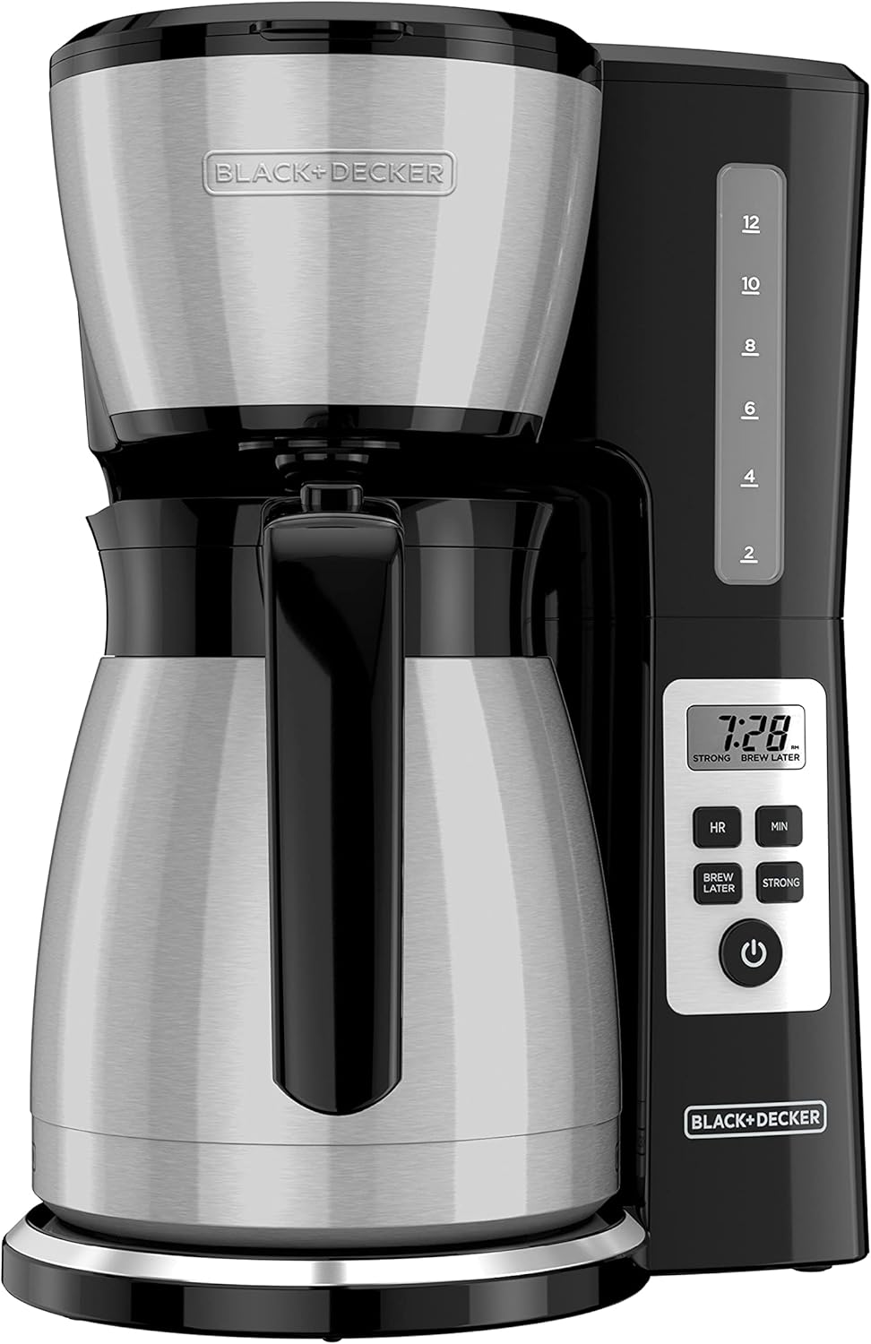 BLACK+DECKER 12 Cup Thermal Programmable Coffee Maker with Brew Strength and VORTEX Technology, Black/Steel, CM2046S| Programmable coffee maker with vortex showerhead, brew strength control and mess-free Perfect Pour spout