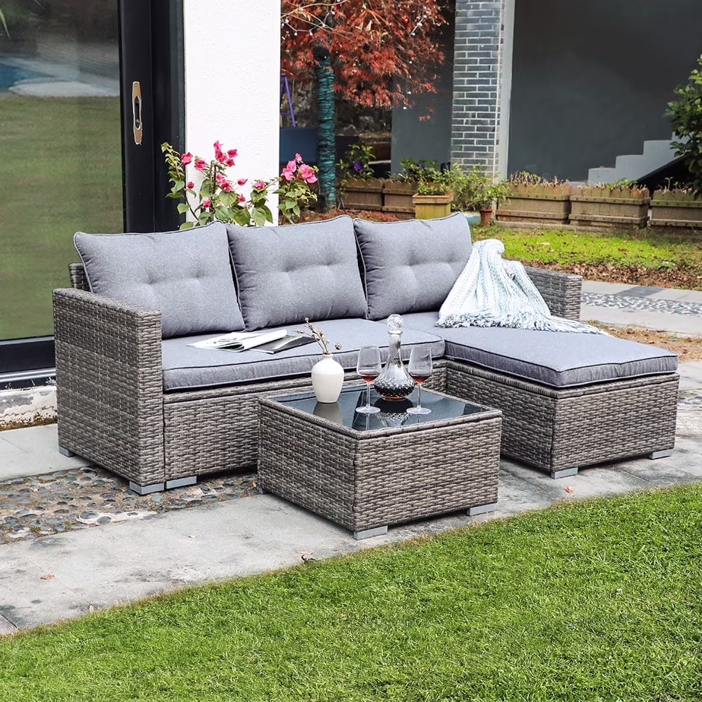 3 Pieces Patio Conversation Set, PE Wicker Rattan Outdoor Furniture Set, 2 Ways Small Sectional Sofa, Tempered Glass Coffee Table, Silver-Gray(Silver-Gray)