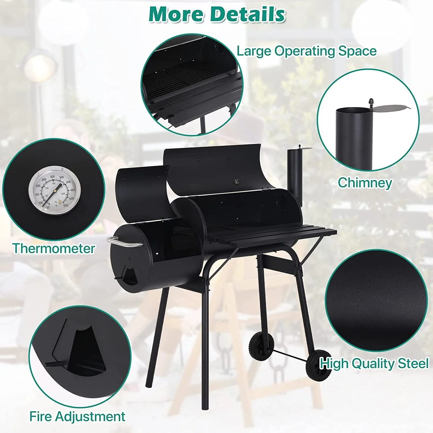 Niamvelo BBQ Charcoal Grills Outdoor BBQ Grill Camping Grill, Stainless Steel Grill Offset Smoker with Cover, Portable BBQ Barbecue Grill for Picnic Camping Party, Black