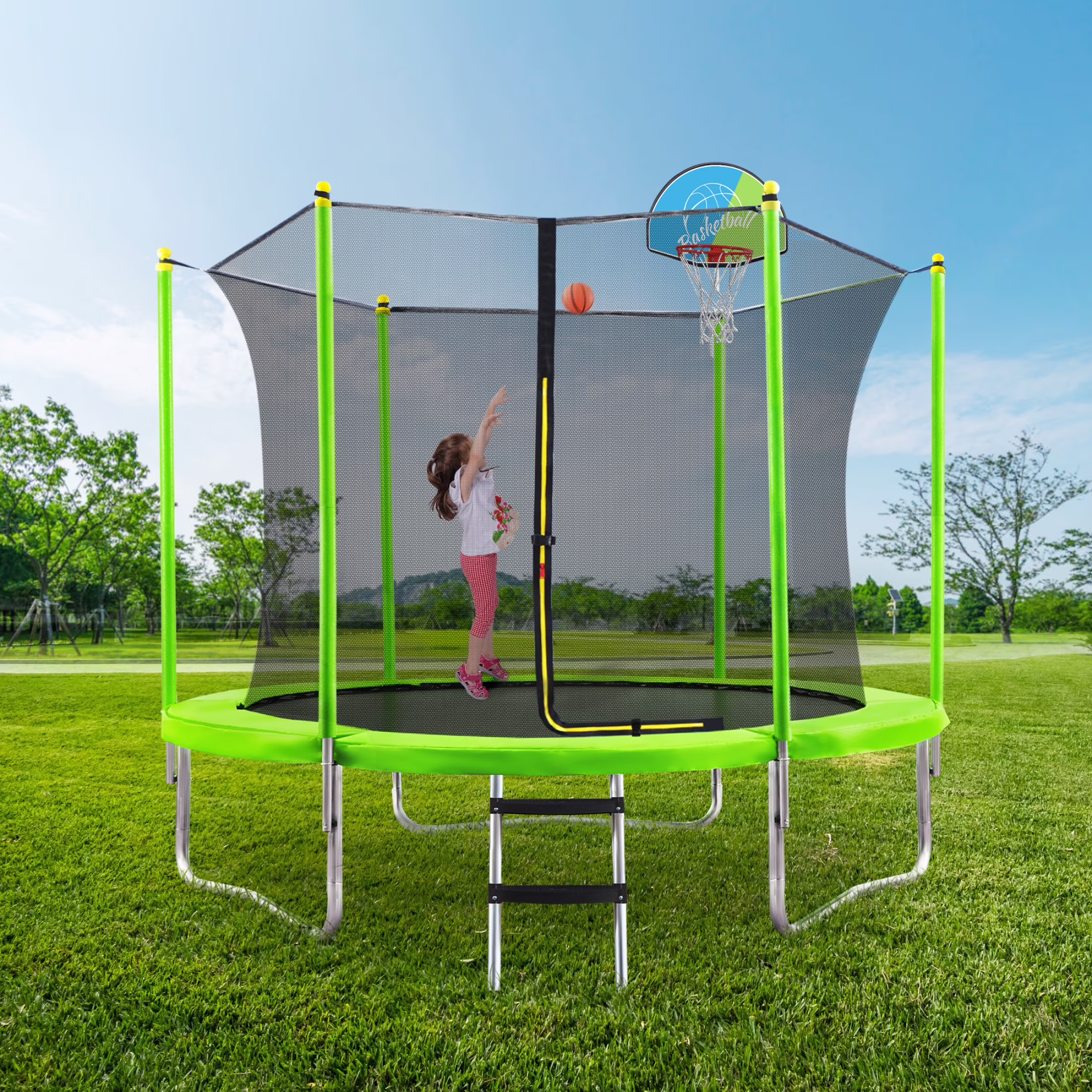 Noble House 8FT Outdoor Trampoline for Kids with Safety Enclosure Net, Basketball Hoop  Ladder, Blue(Blue)