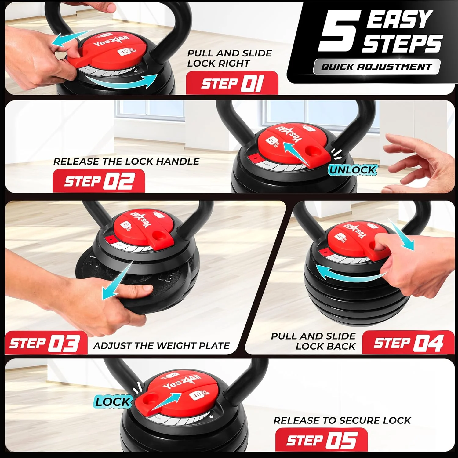 Ensemble de poids pour kettlebells réglables Yes4All : poignée, support et poignée.