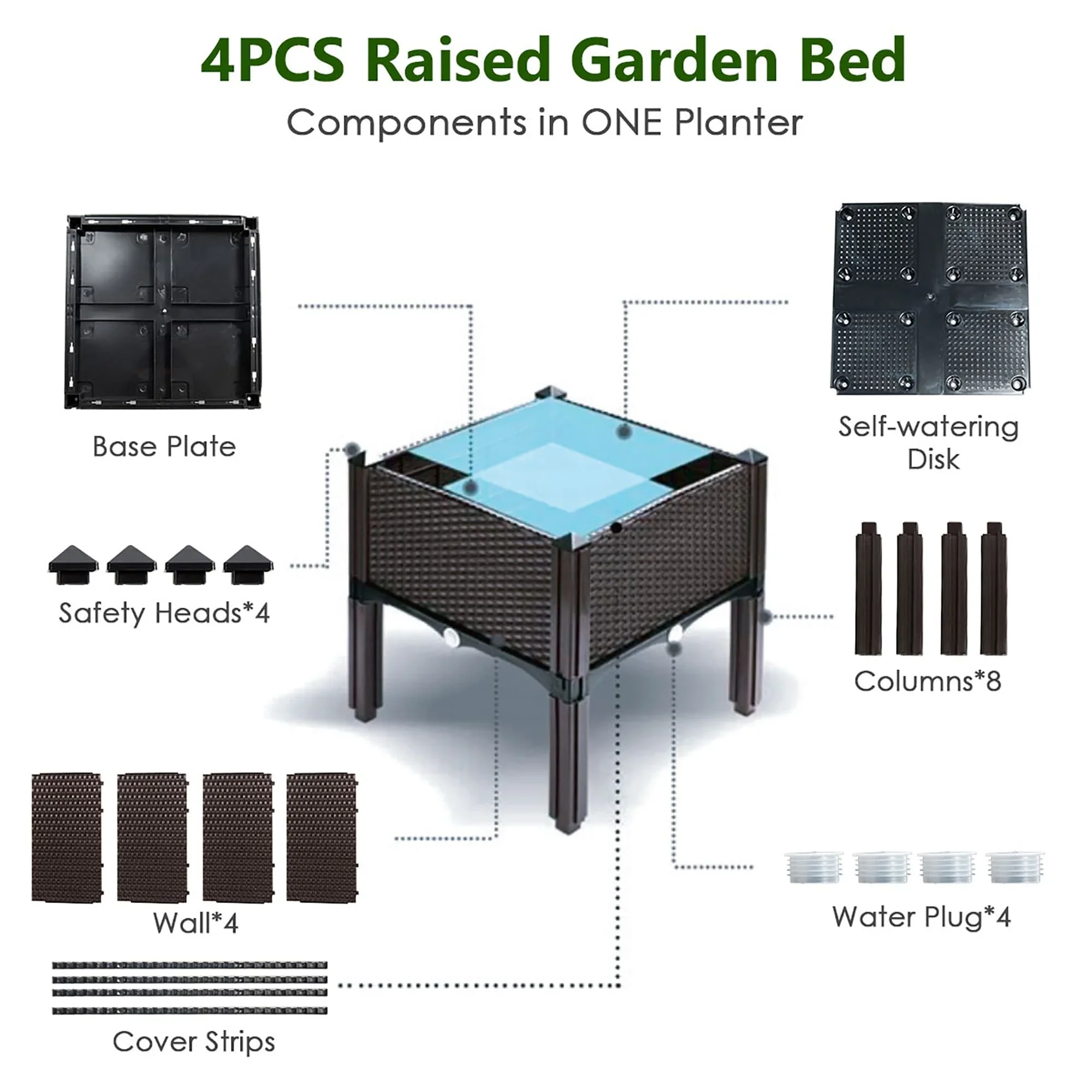 Set of 4 Raised Garden Bed Kits Plastic Elevated Garden Bed Brown + Black