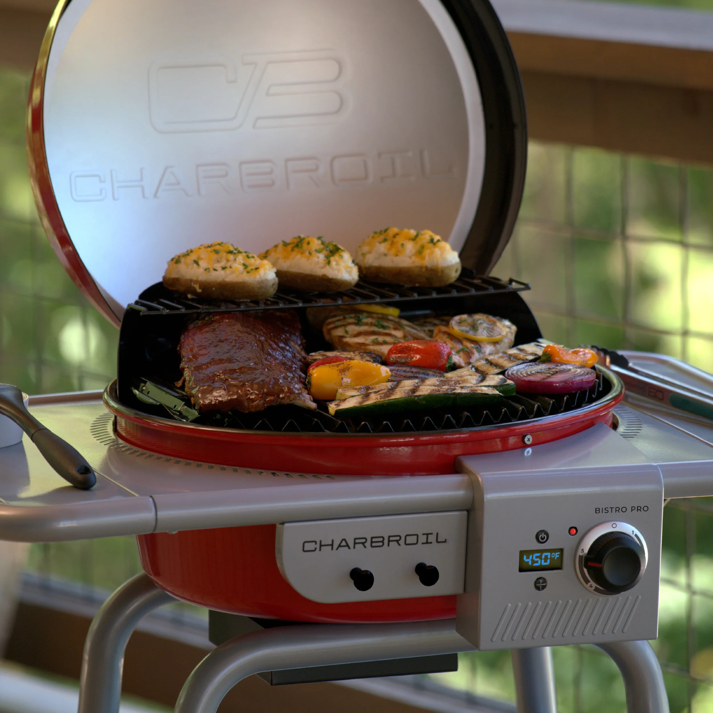 Charbroil Bistro Pro? Electric Grill & Griddle + Charcoal Mode, Red