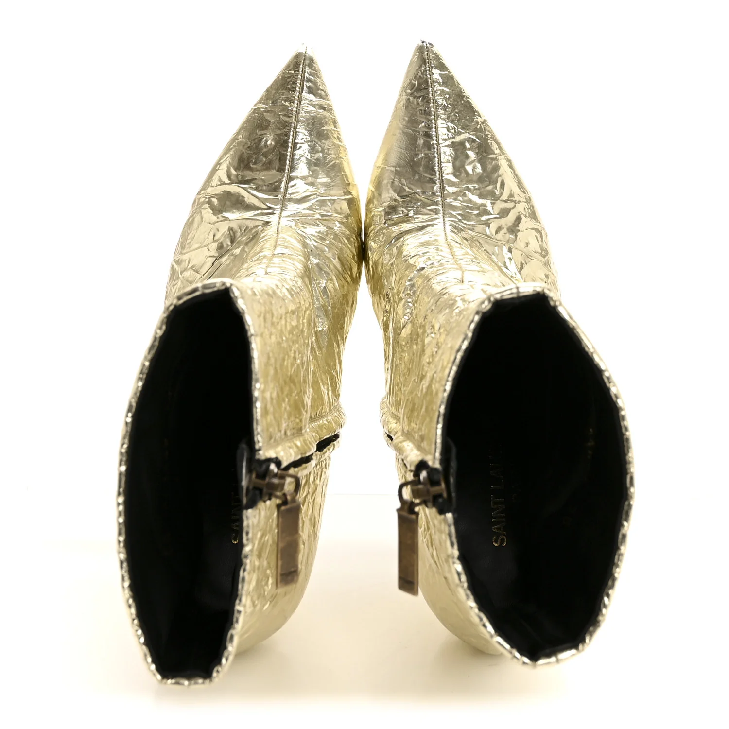 Metallic Crinkled Polyurethane Calfskin Kiki Pointed Toe Ankle Boots 38 Gold
