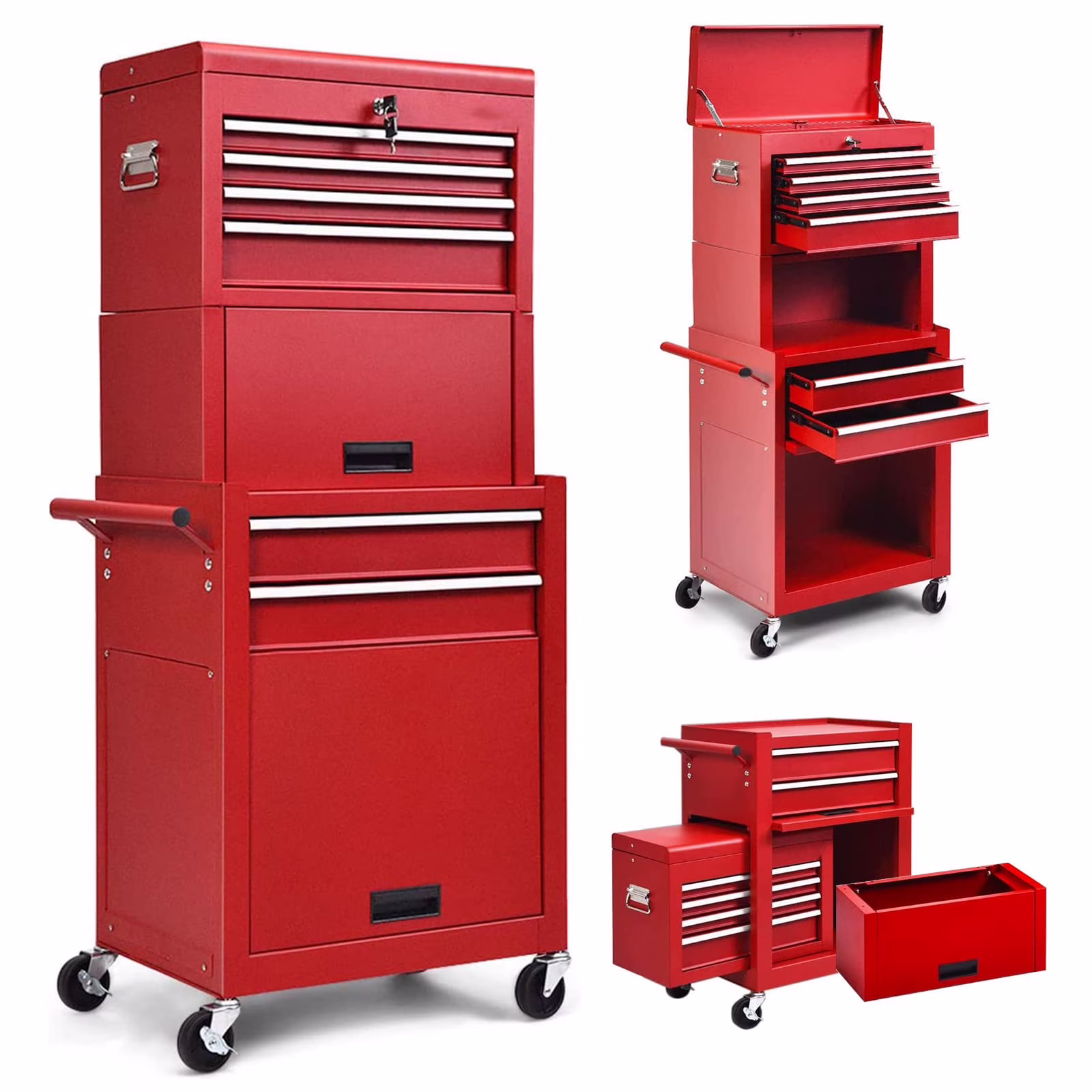 NIGSQJB 3-In-1 Tool Chest on Wheels with 6 Drawers, 52H Tool Storage Cabinet with Auto Locking System,Detachable Top,Tool Box Organizer for Garage,Workshop,Repair Shop,DIY, Red