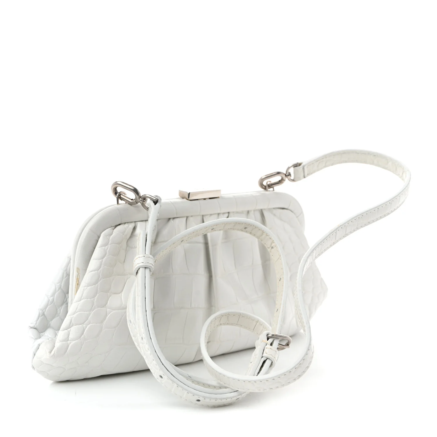Shiny Supple Calfskin Logo Crocodile Embossed Cloud Clutch XS White