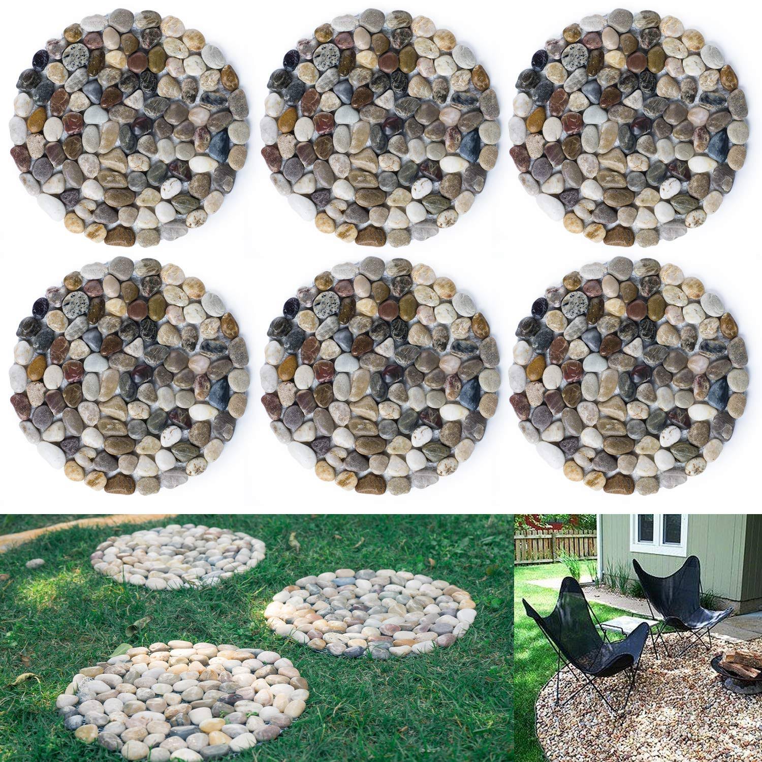Sunface River Rock Stepping Stones Pavers Outdoor for Garden, Set of 6 (Roundness)