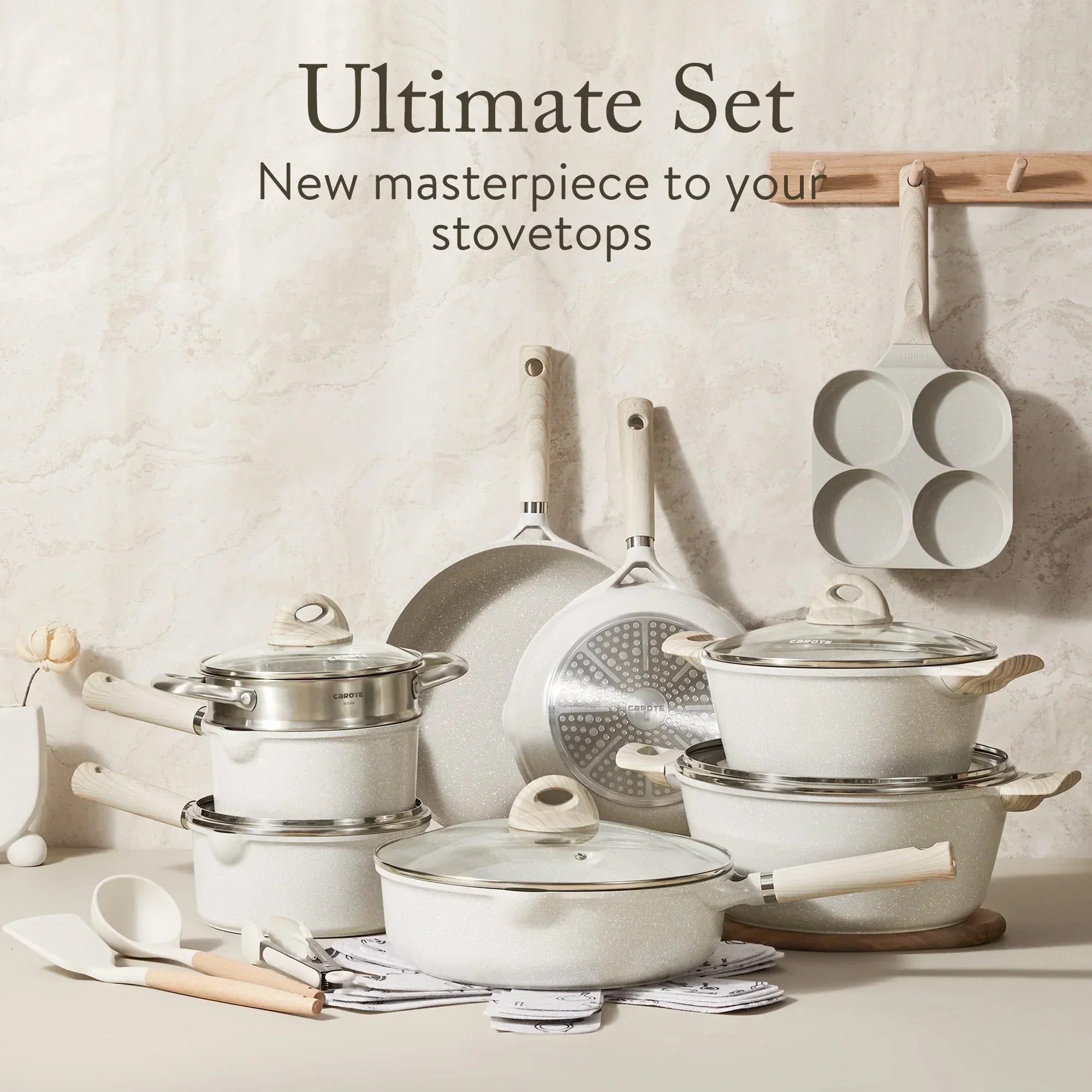 Non Stick Pots and Pans Set, 21 Pcs Induction Kitchen Cookware Sets (Beige Granite)