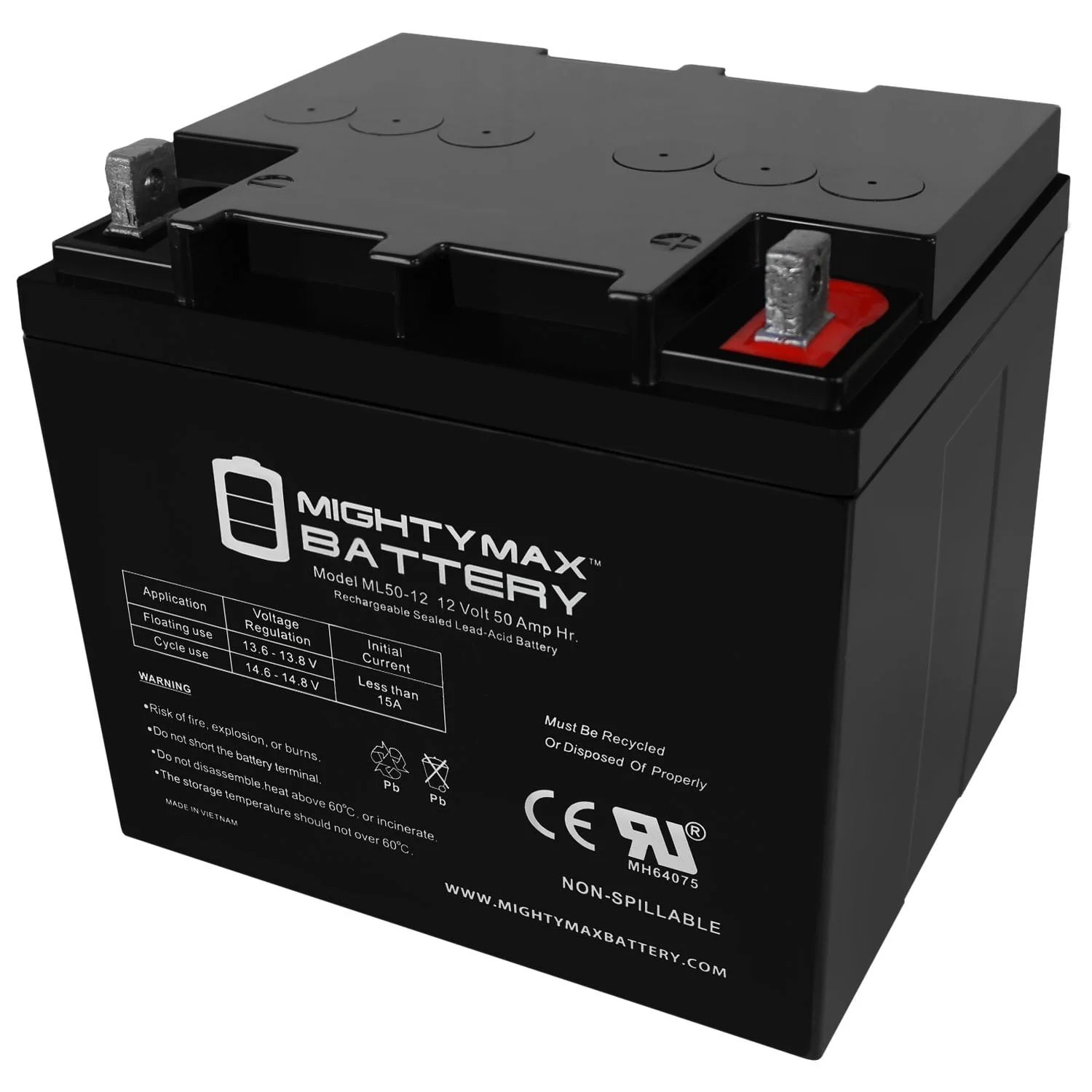 ML50-12 -12 Volt 50 AH, Nut and Bolt (NB) Terminal, Rechargeable SLA AGM Battery