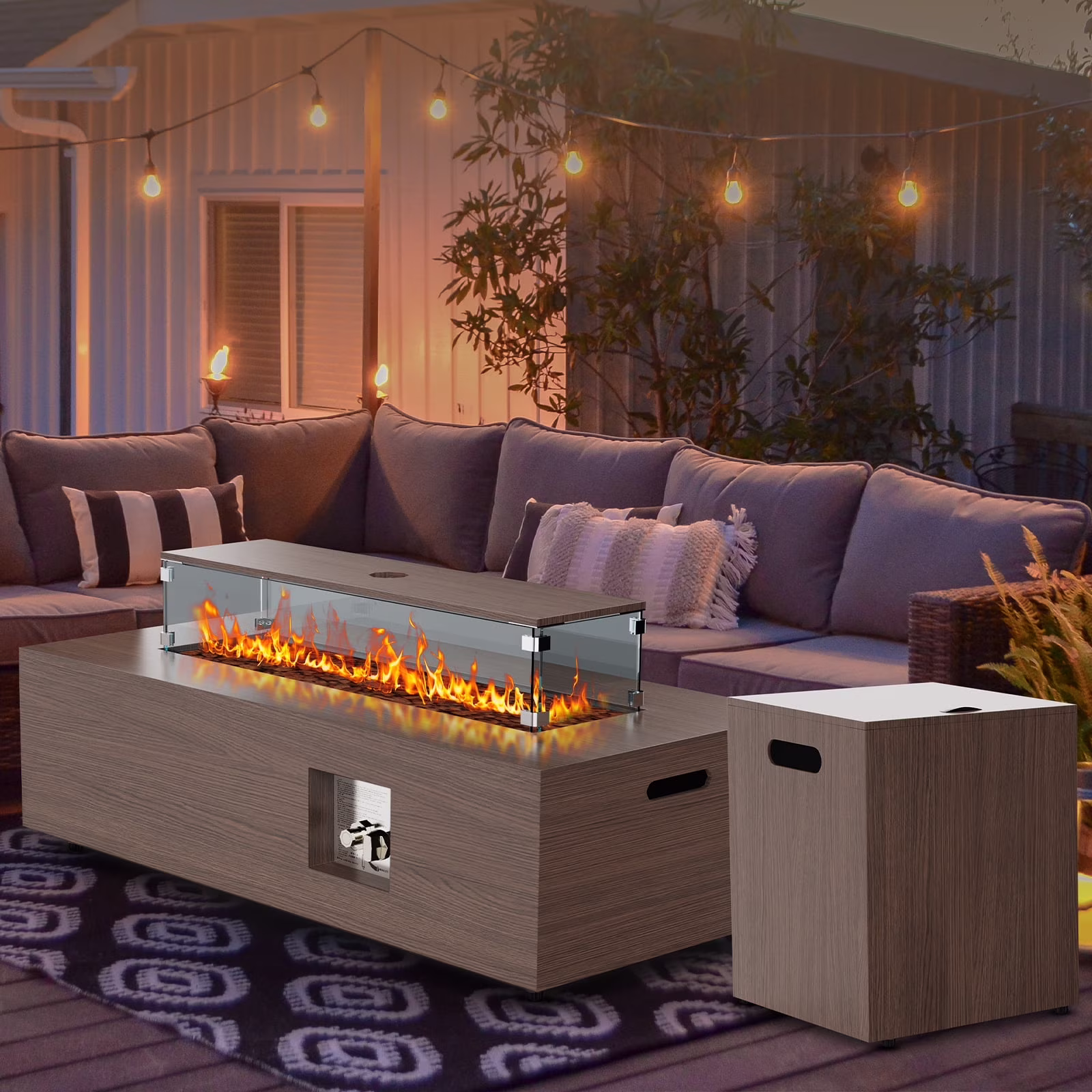 WFUN 43 Outdoor Propane Fire Pit Table with Glass Wind Guard & Cover for Garden, Pool, Backyard, CSA certification, Brown