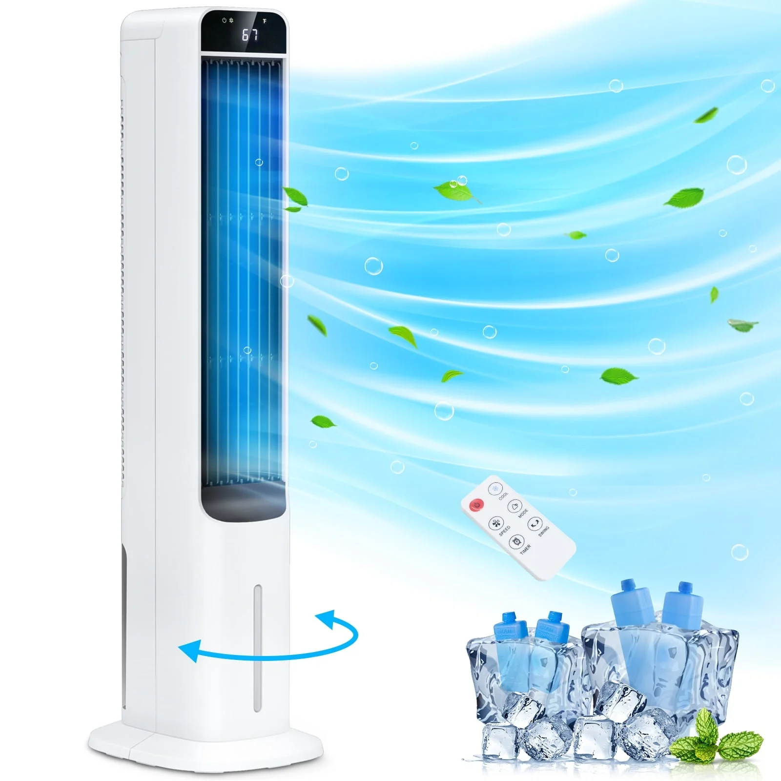 3 in 1 Evaporative Air Cooler Portable Tower Cooling Fan Oscillating Swamp Cooler 41 5" White