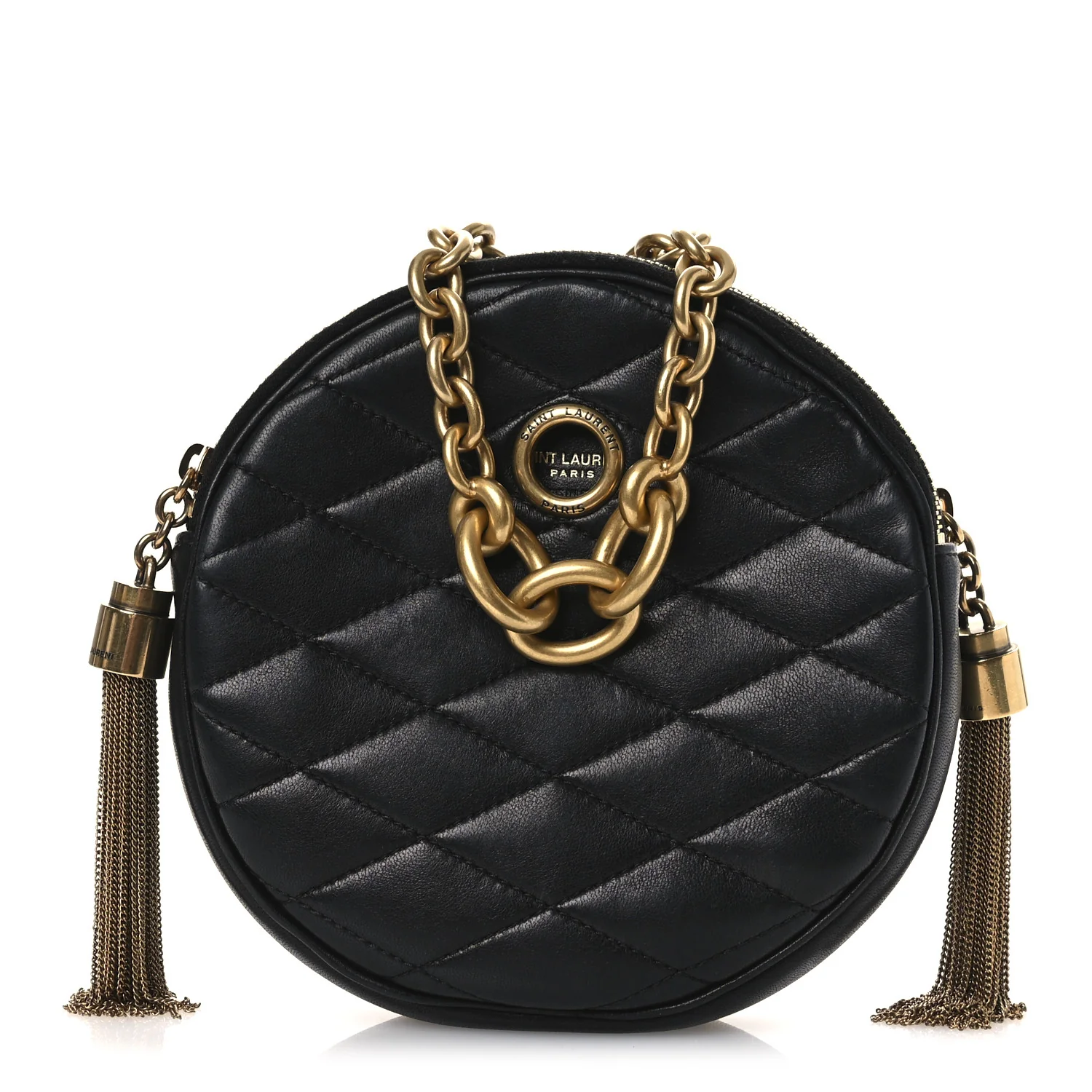 Lambskin Quilted Round Le Maillon Round Tassel Chain Crossbody Bag Black