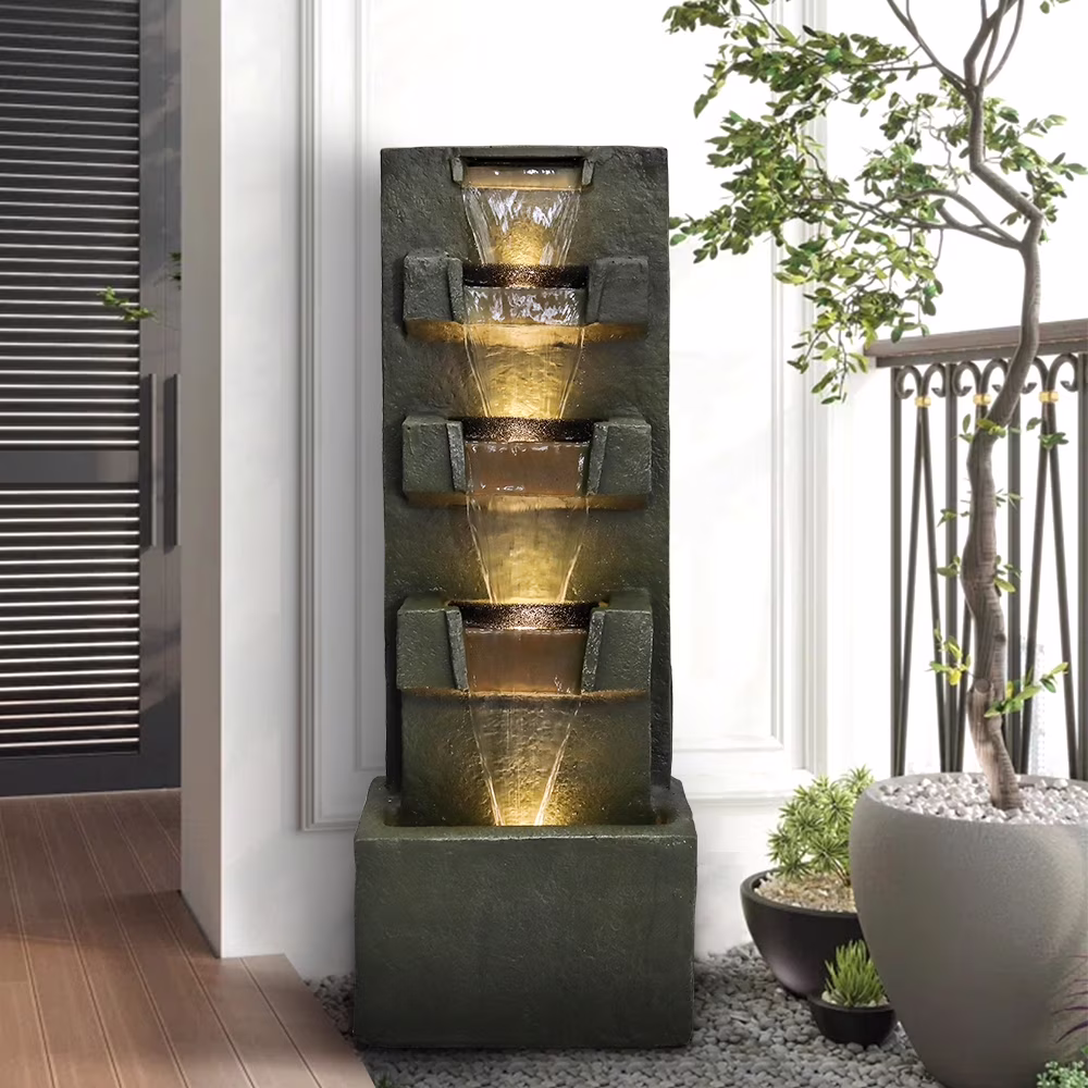 39.3-in High Floor Waterfall Fountain with LED Lights 5-Tier Water Fountain Outdoor Indoor Fiber Reinforced Concrete Fountain for Modern Patio Decor Garden, House, Office, Garden, Home Art Decor