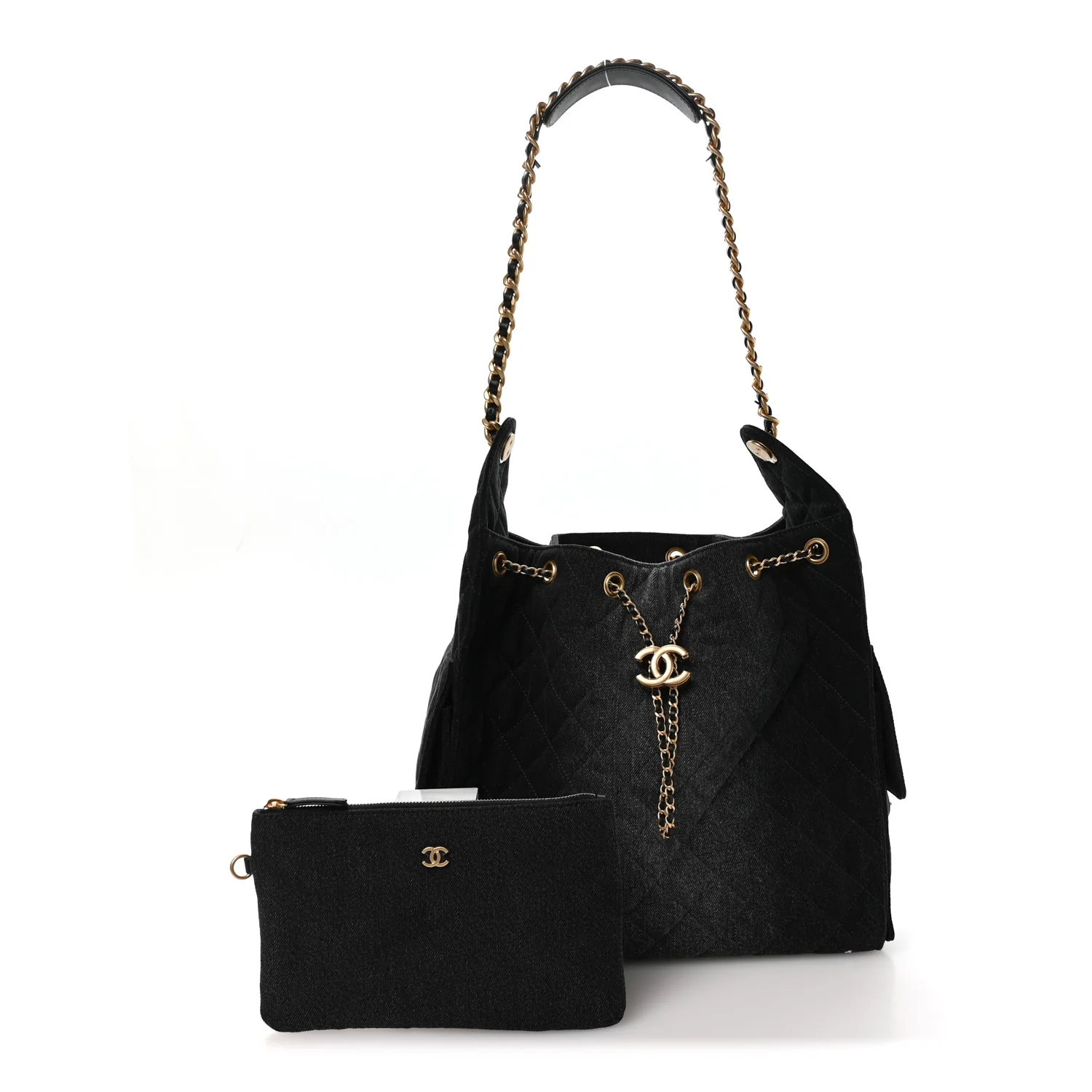 Washed Denim Quilted Medium Chanel 25 Handbag Black