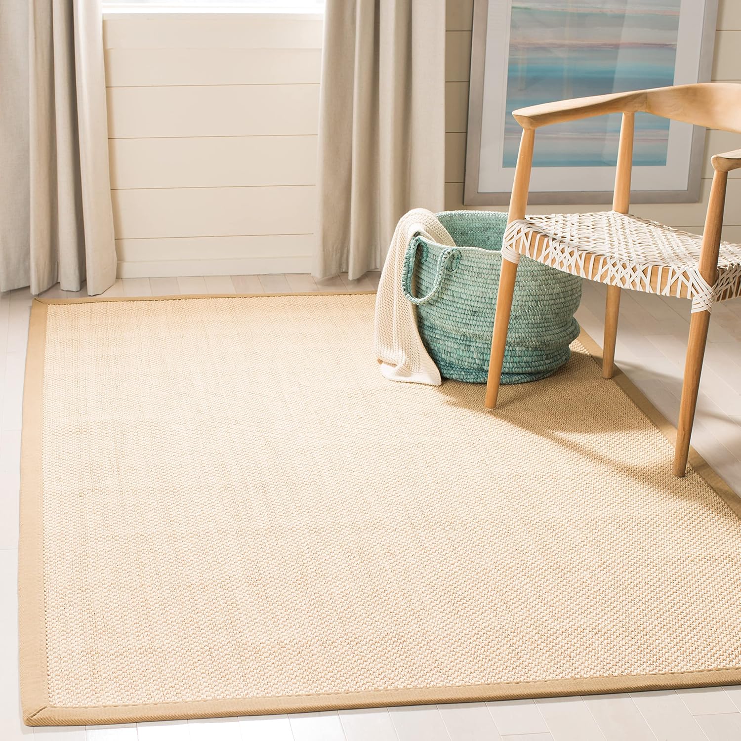 SAFAVIEH Area Rug 9' Square - Natural Fiber Collection - Maize & Linen Color, Sisal, Woven Design with Border (NF141B)
