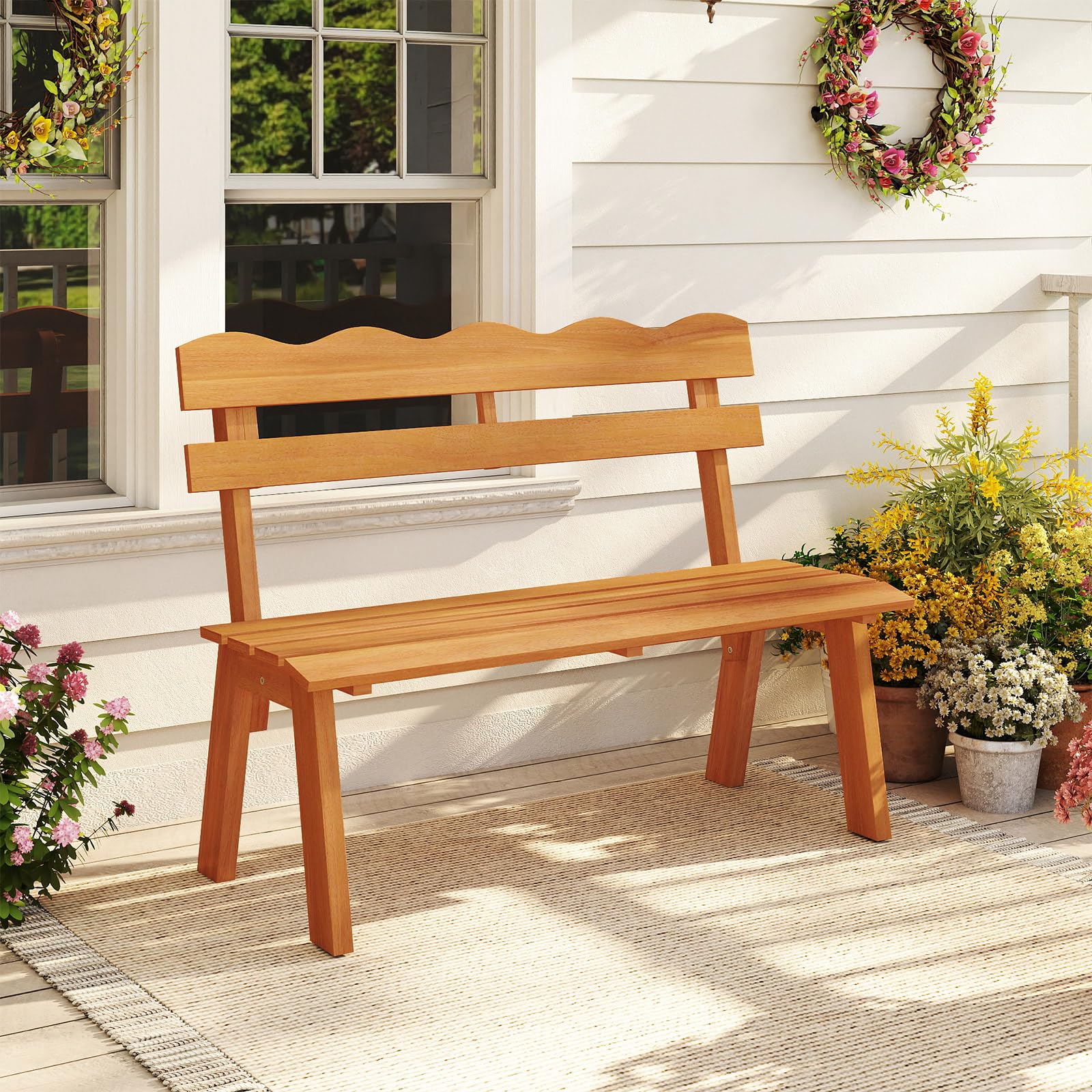 Tangkula 2 Person Patio Garden Bench with Waved Backrest and Slatted Seat