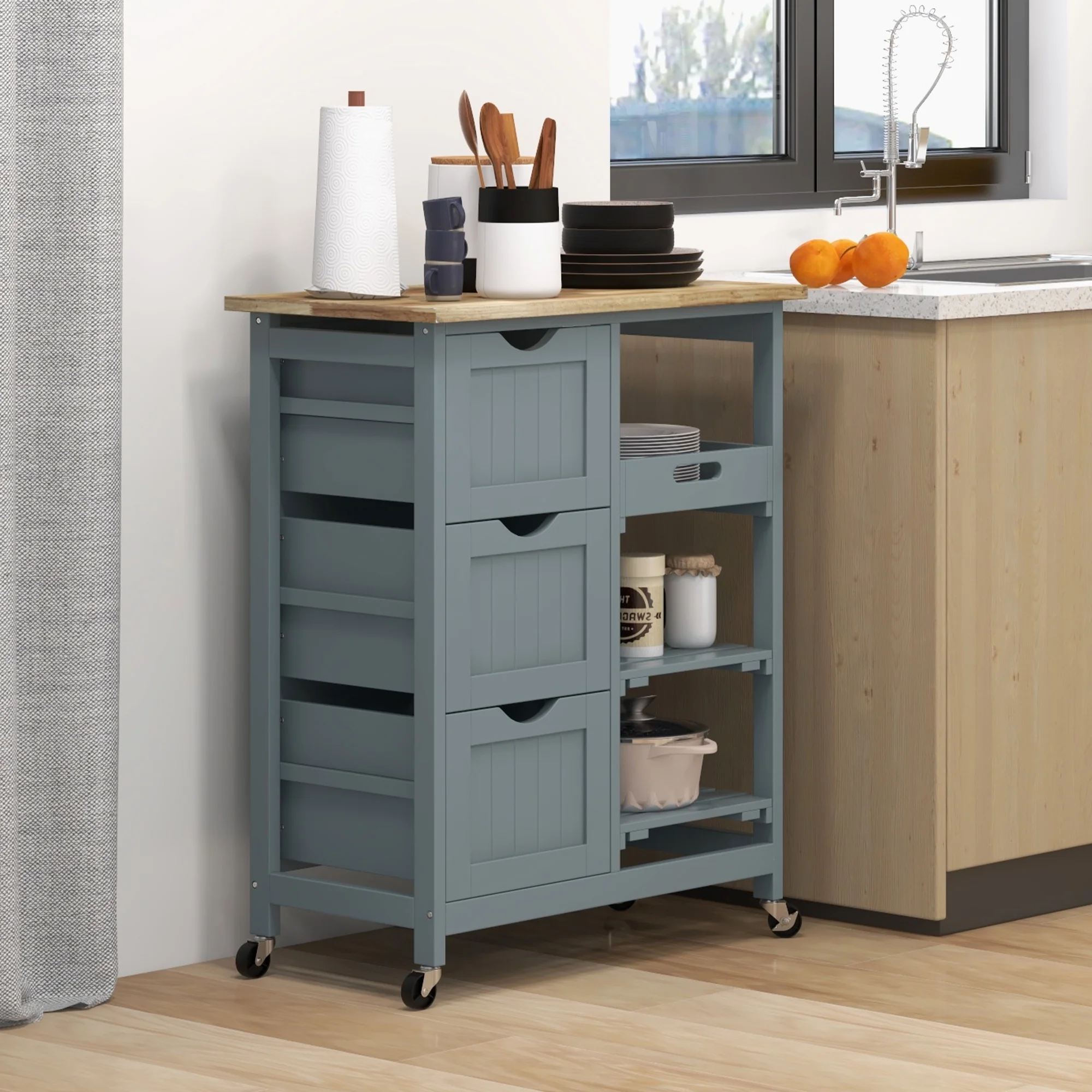 Wood Top Kitchen Island with Shelves and Drawers and Wheels, Rolling Bar Serving Cart for Home, Kithen, Bar, Dining Room, Light Blue(Light Blue) - Image 9