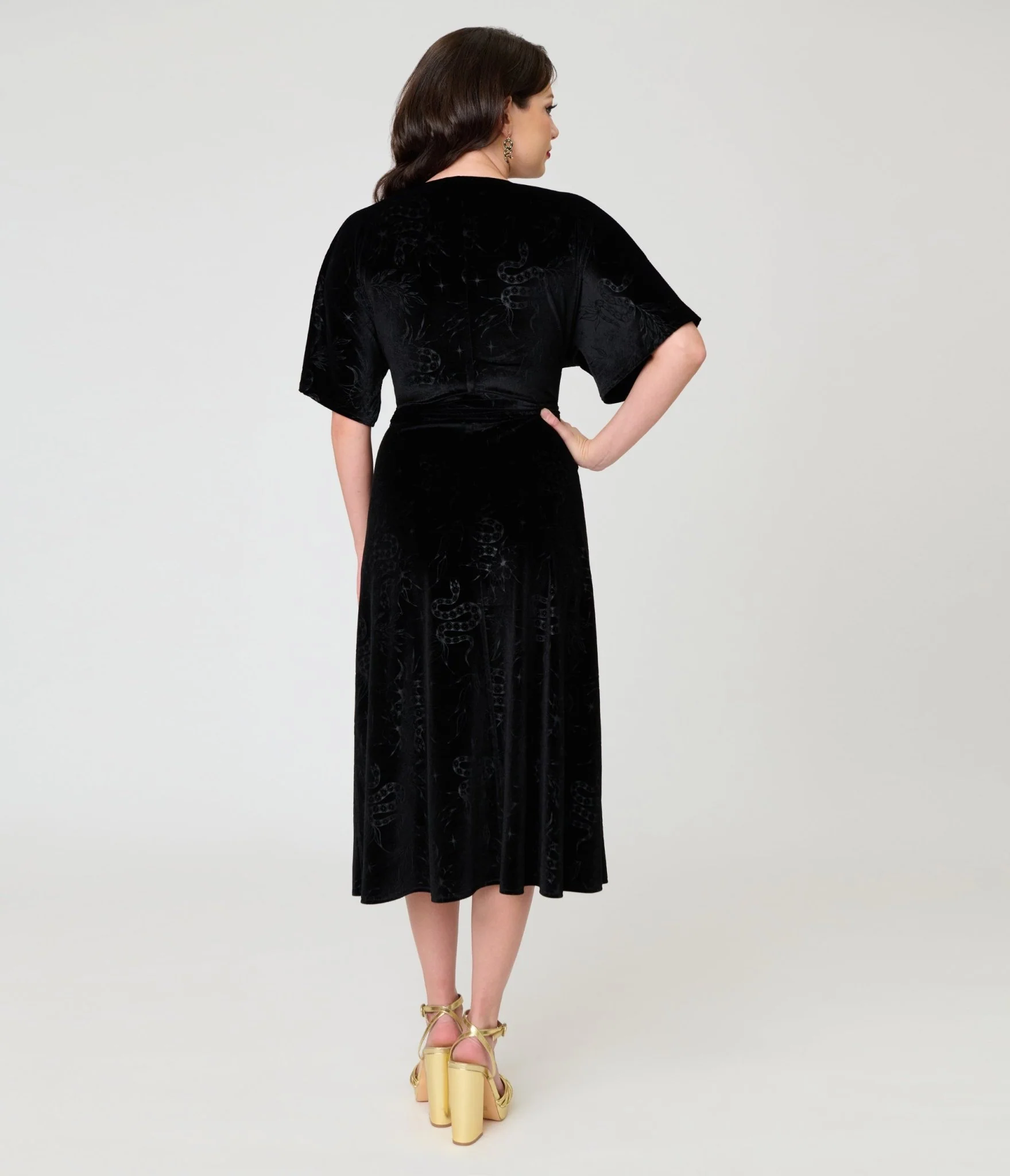Unique Vintage Black Velvet Snake Embossed Wrap Angelique Midi Dress