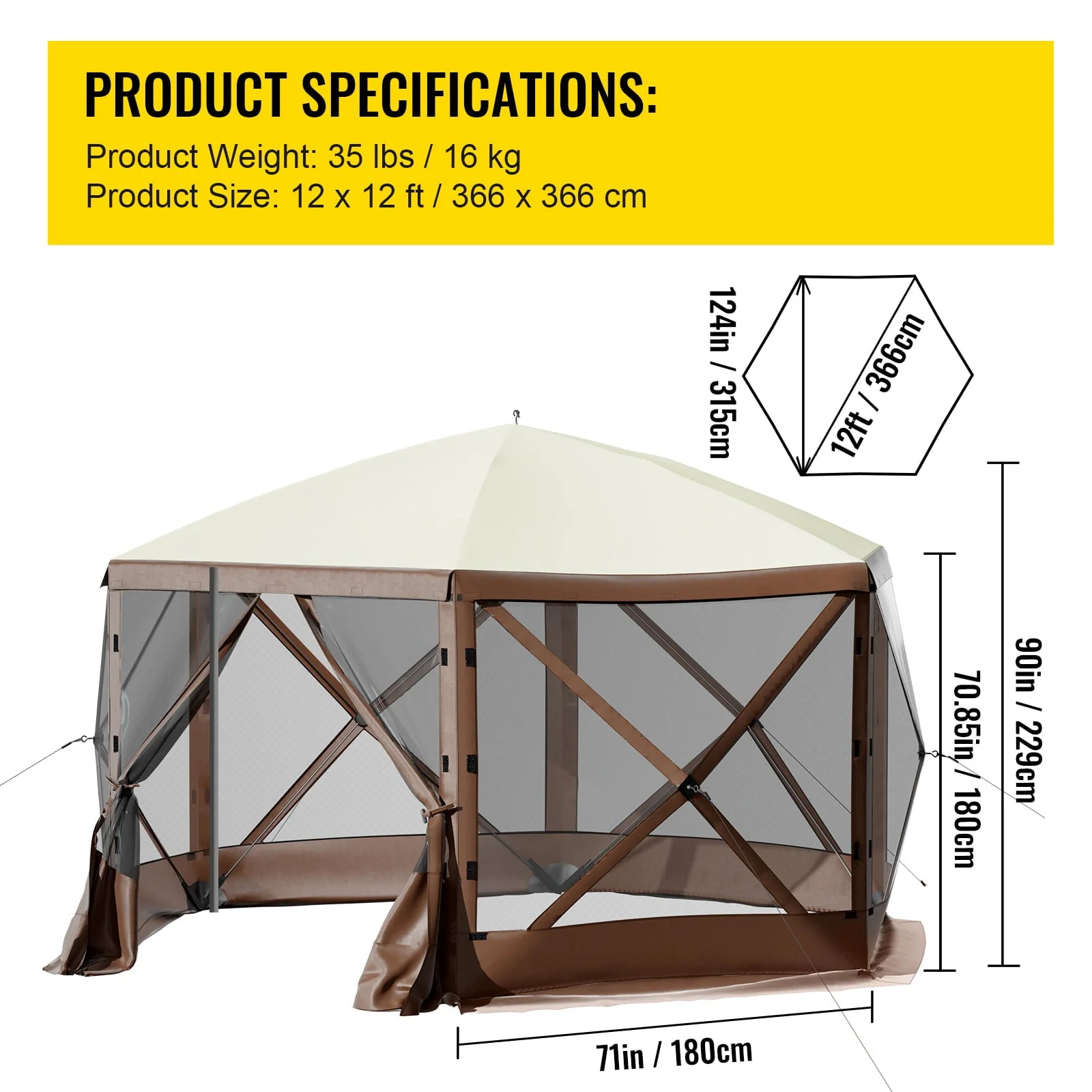 Camping Gazebo Tent, 12'x12', 6 Sided Pop-up Canopy Screen Tent for 8 Person Camping, Waterproof Screen Shelter w/Portable Storage Bag, Ground Stakes, Mesh Windows, Brown Beige - Image 7