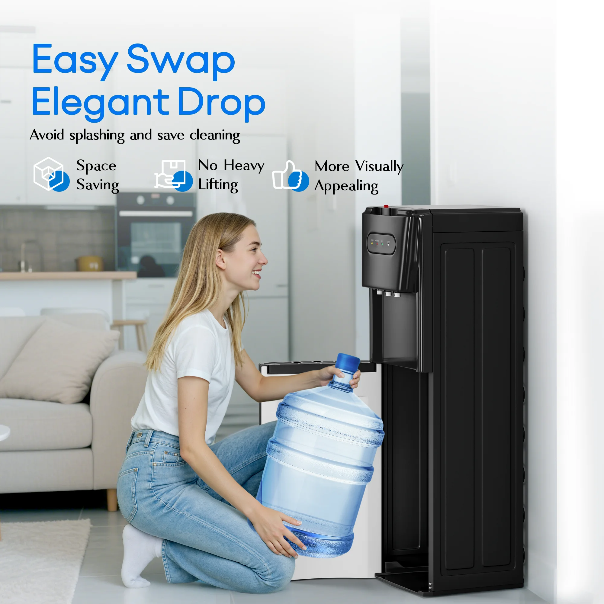 Bottom Loading Water Dispenser for 3 or 5 Gallons, 3 Temperatures (Cold/Hot/Warm) with Child Lock, Display Light, for Apartments, Schools, Companies, Black(Black) - Image 4