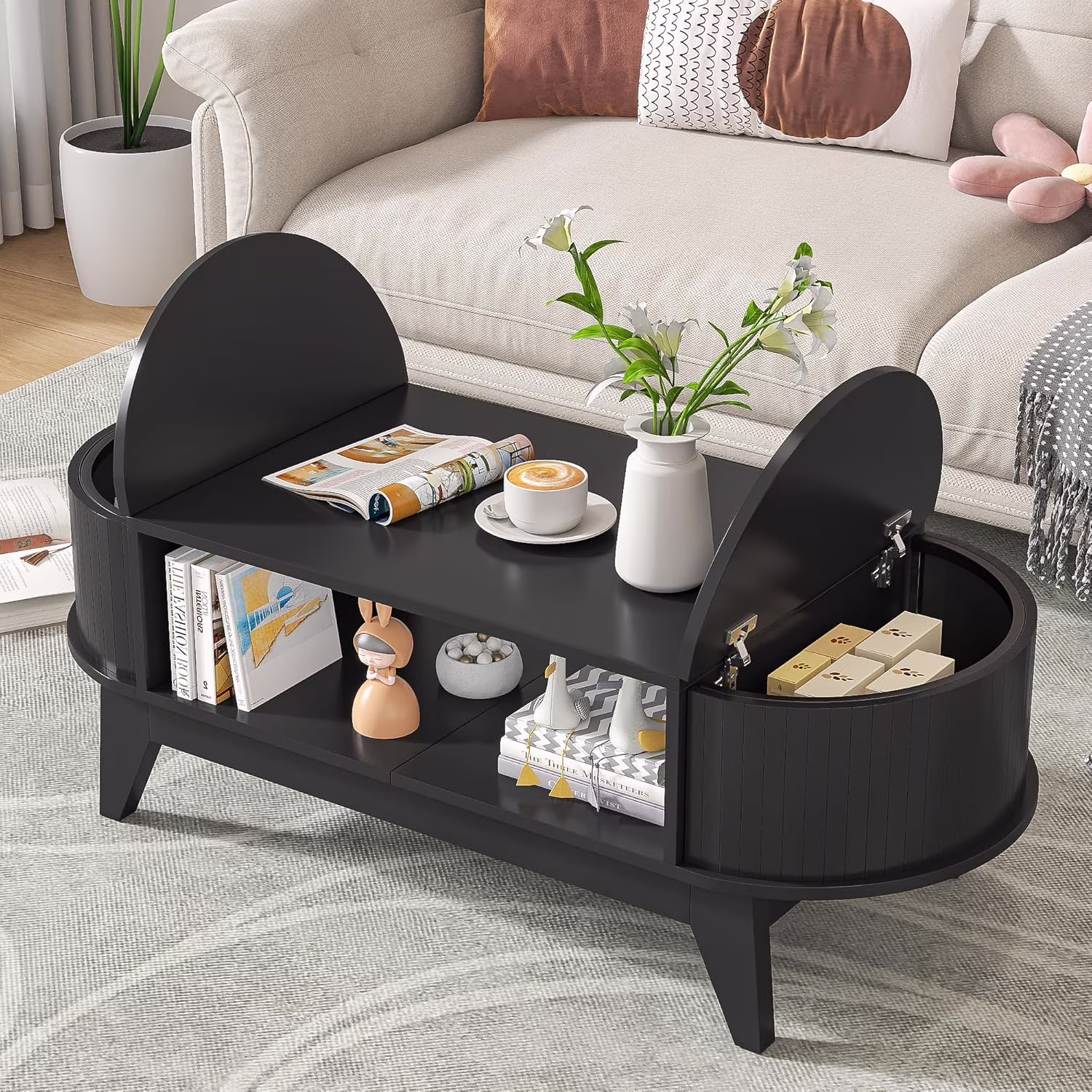 Fluted Coffee Table with Storage, Modern Coffee Tables, Wood Accent Center Table(Wood) - Image 3