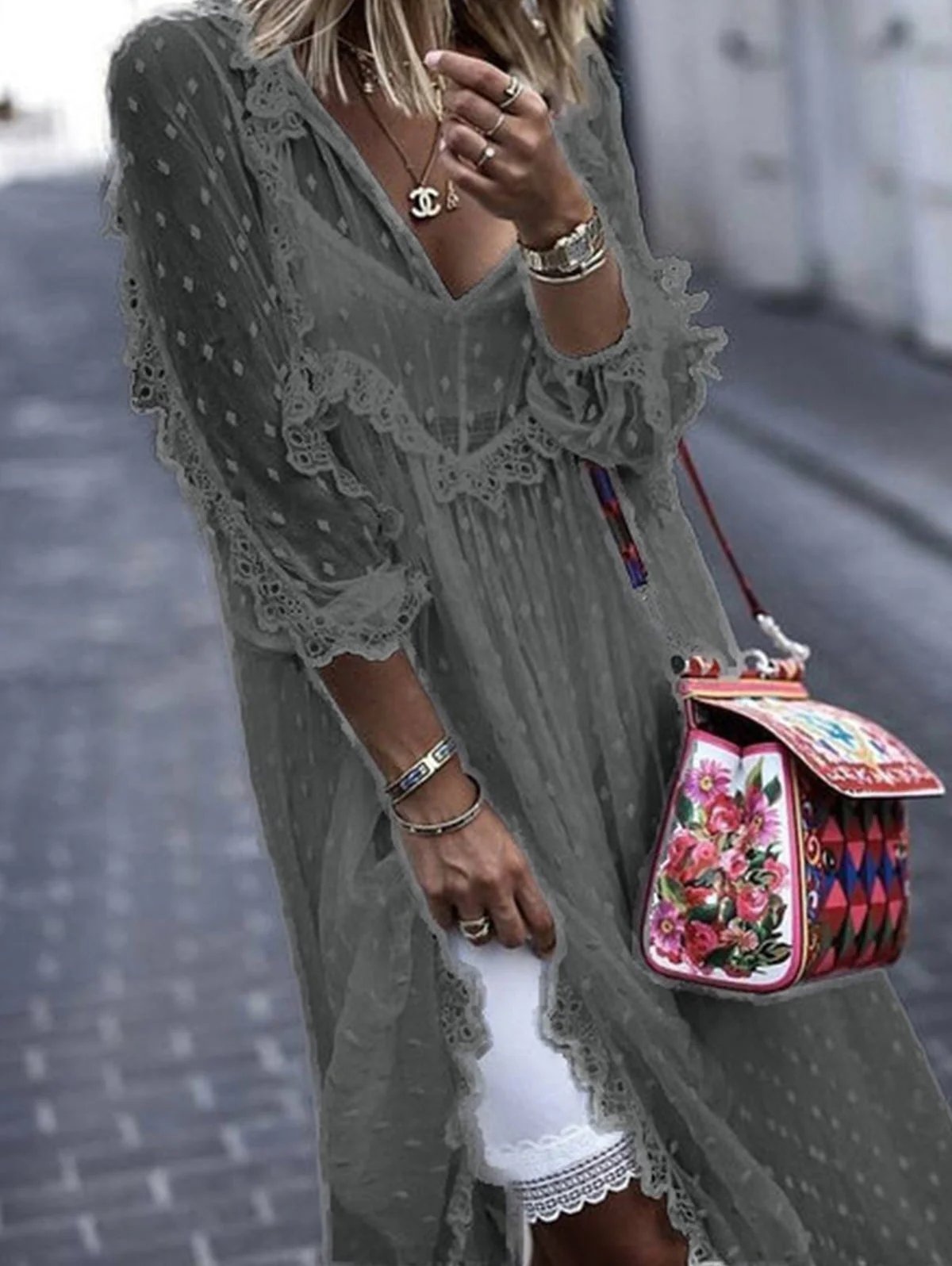 Sophie Paris | Robe longue en jacquard à pois transparents manches longues
