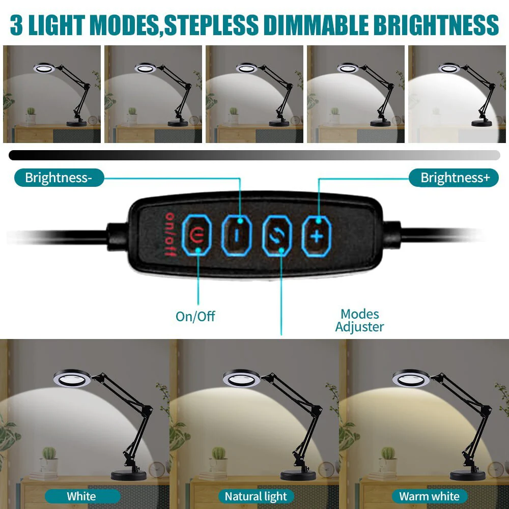10X LED Magnifying Glass with Light, Stepless Dimmable, 3 Color Modes, Real Glass Lens Magnifying Lamp with Light Desk Lamp Clamp for Crafts, Reading, Close Work Black - Image 3