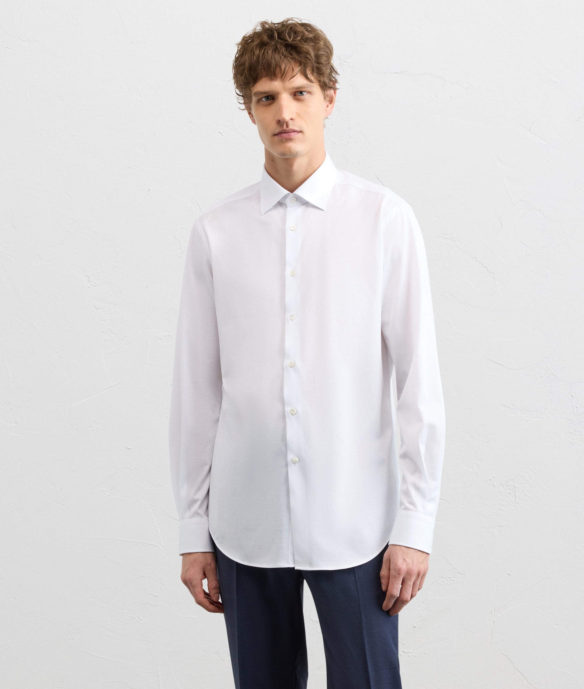 WHITE COTTON JERSEY SHIRT WITH MEDIUM MILANO COLLAR AND SOFT CONSTRUCTION