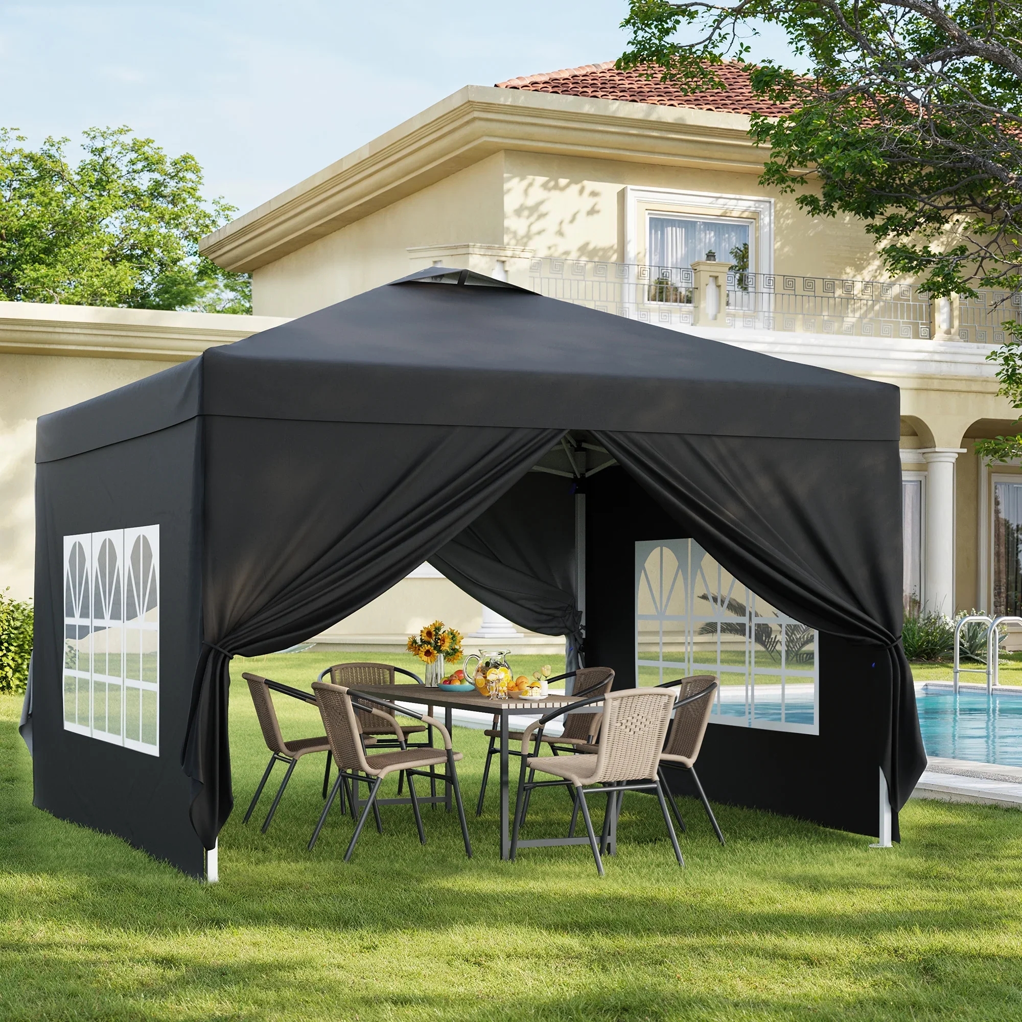 Lofka 10x10ft Pop-Up Gazebo Canopy with Adjustable Height,Windows, UV Protection for Backyard, Garden, Lawn,Black