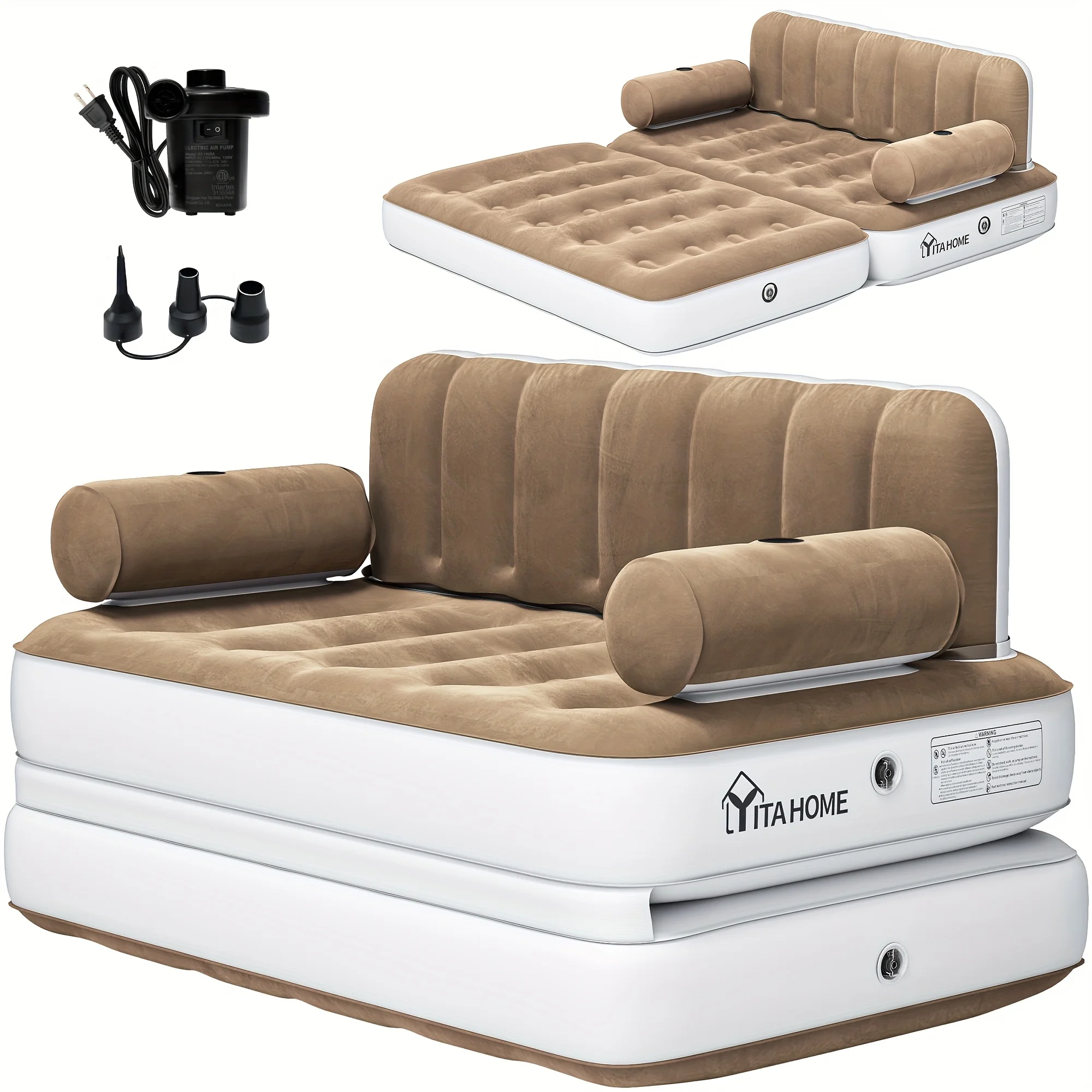 Inflatable Air Sofa Bed 2-in-1 Backrest Couch Airbed With Headboard And Pump Convertible Blow Up Bed Mattress For Home, Camping, And Guests, Living Room Furniture, Queen Size(Black+gray) - Image 3