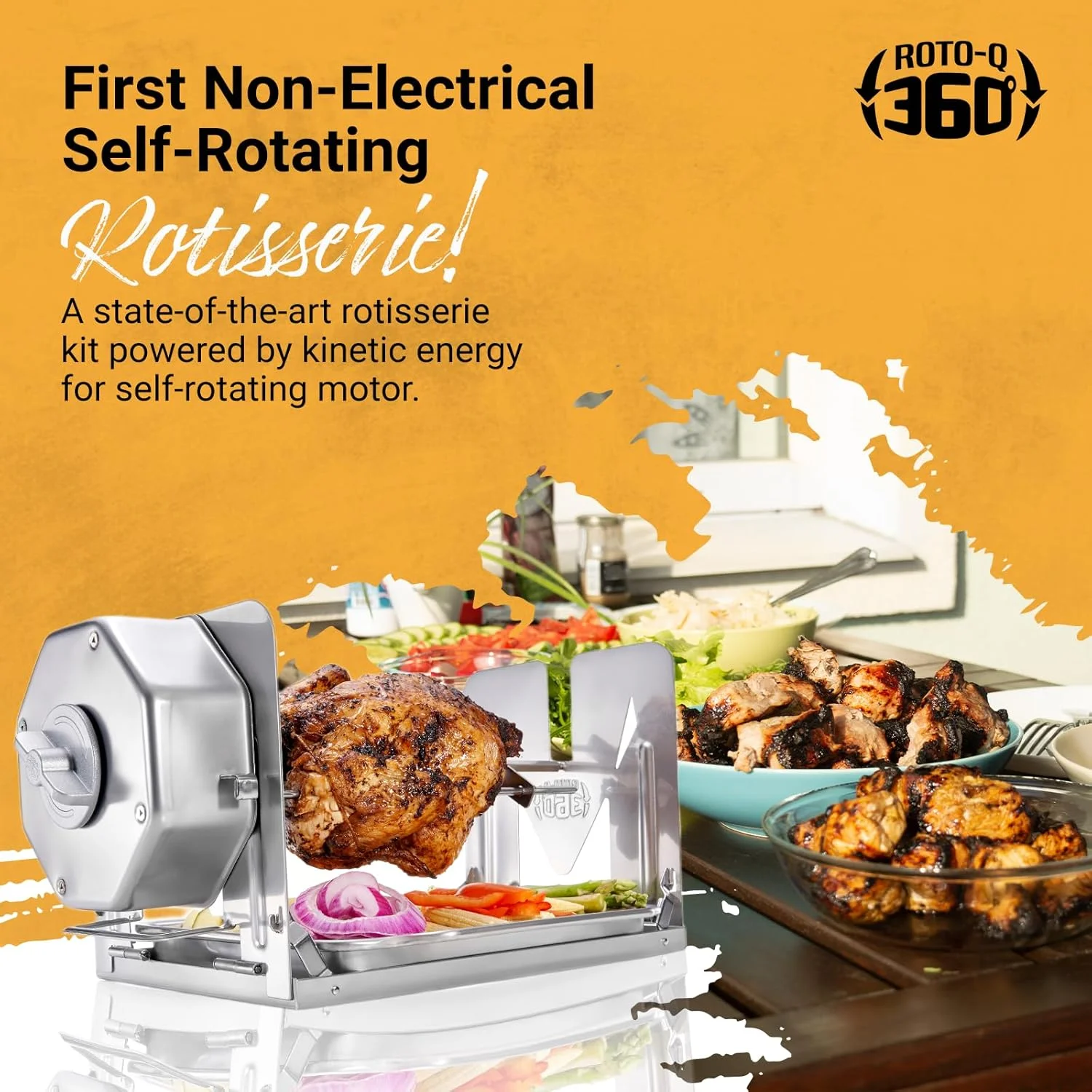 ROTO - Q 360 Cordless Stainless Steel Rotisserie Kit - Non - Electric for Grills, Ovens, BBQ, Smokers - Indoor/Outdoor