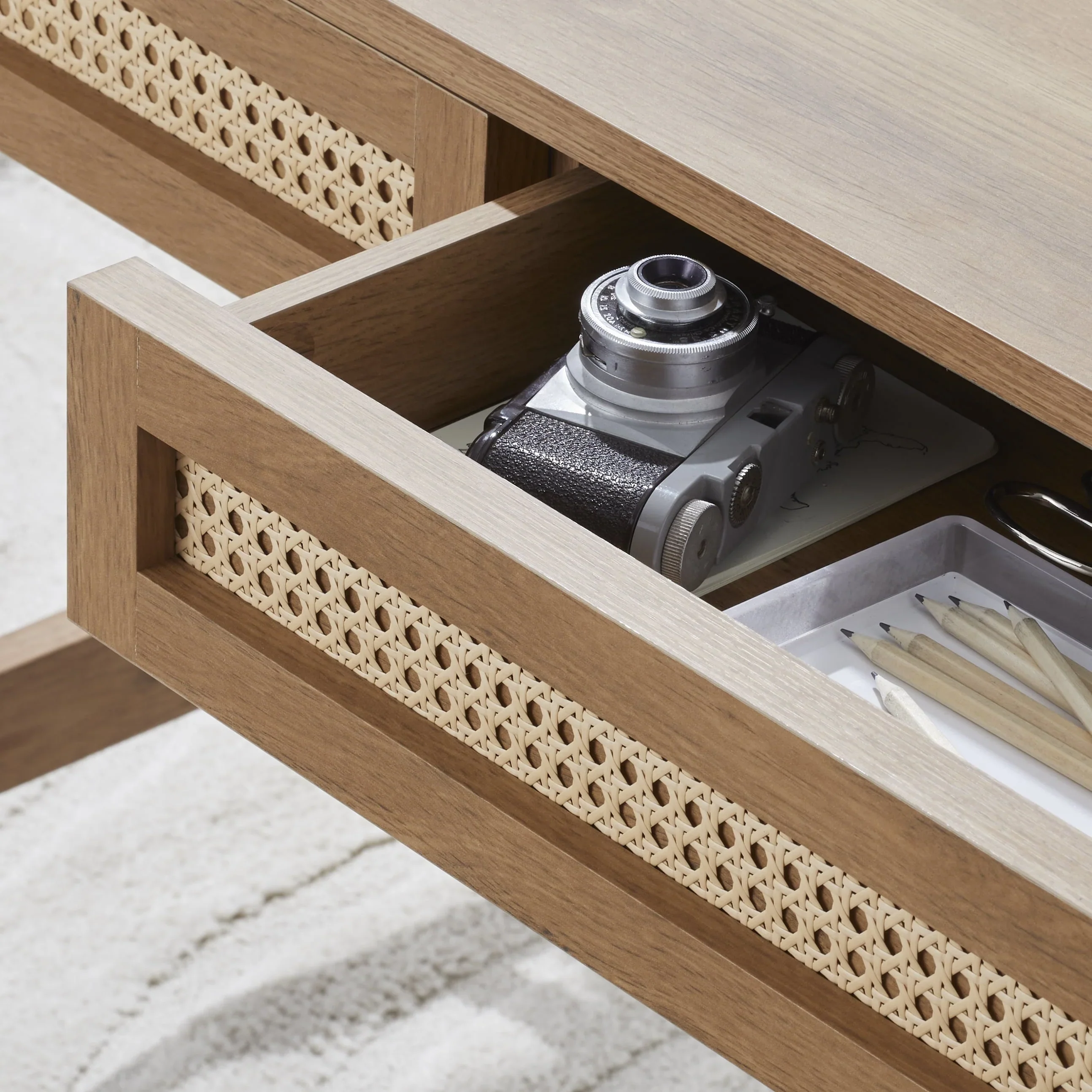 Better Homes & Gardens Springwood Caning Desk, Light Honey Finish