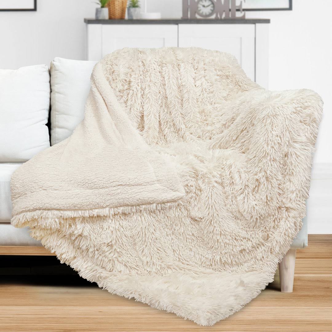 PAVILIA Fluffy Faux Fur Reversible Throw Blanket for Bed, Sofa, and Couch, Cream/Throw - 50x60