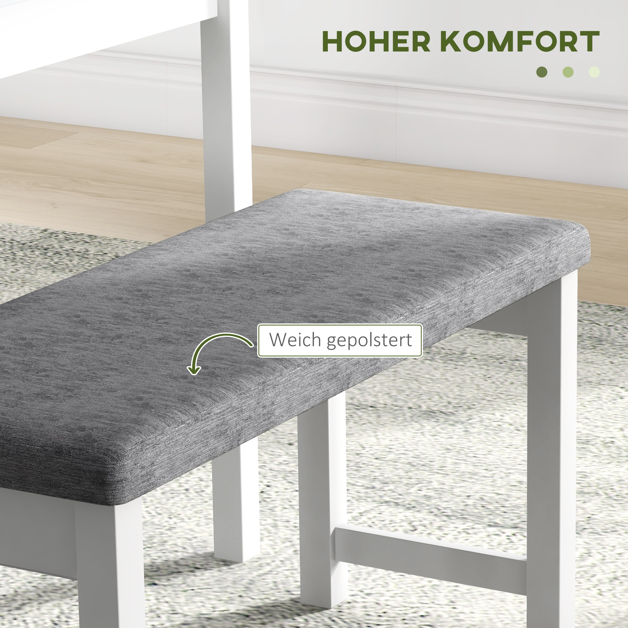 HOMCOM 4-delige eetset, 1 tafel, 1 bank, 2 stoelen, grijs+wit