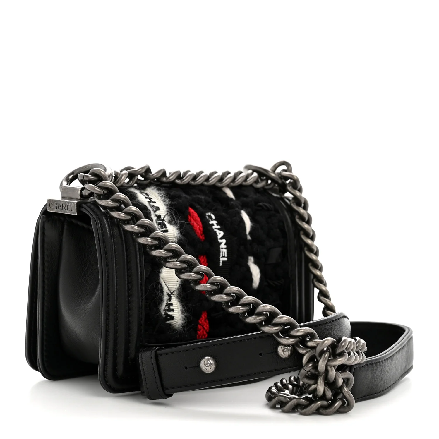 Lambskin Tweed Logo Embroidered Mini Boy Flap White Red Black