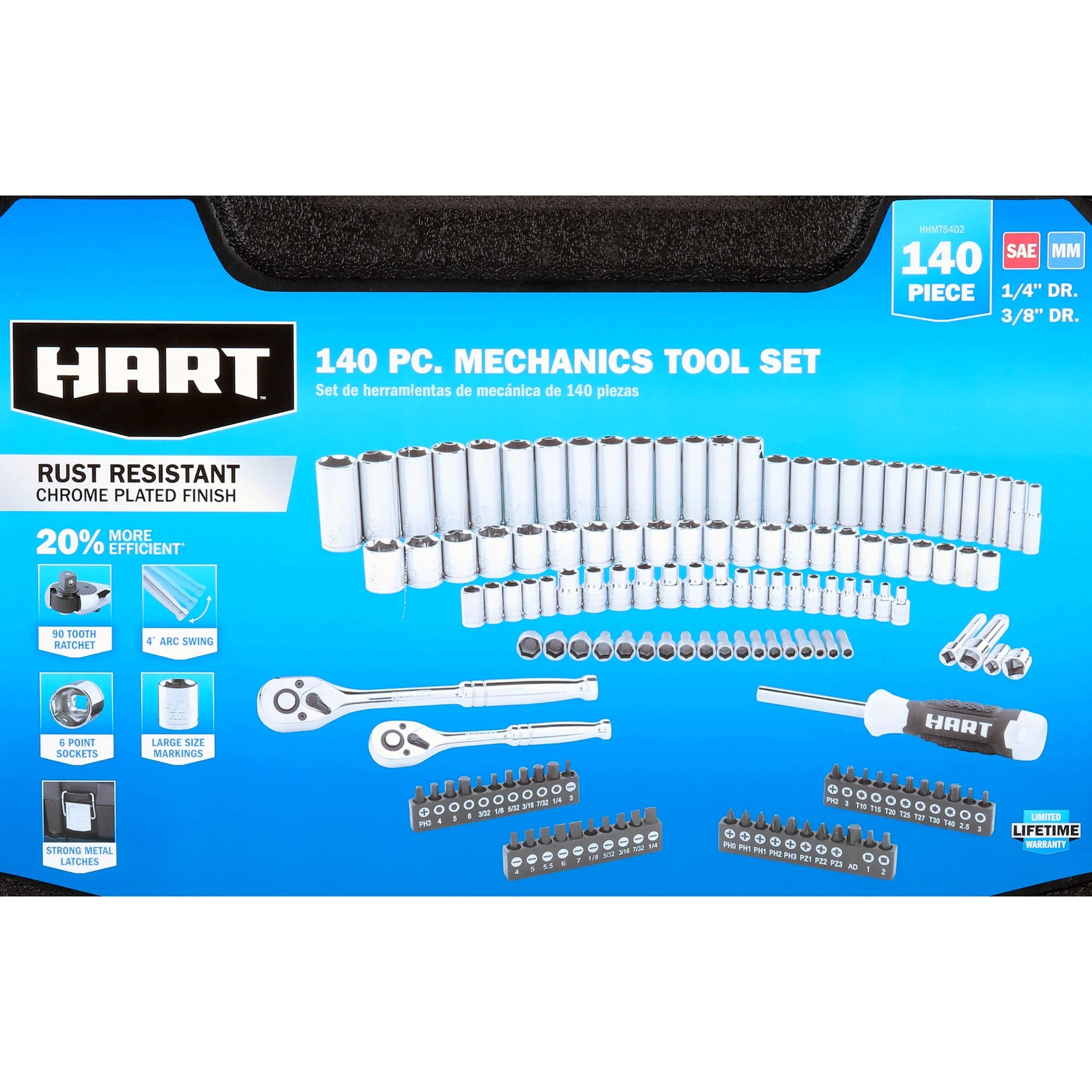 HART 140-Piece 1/4 and 3/8-inch Drive Mechanics Tool Set, Chrome Finish, SAE & Metric