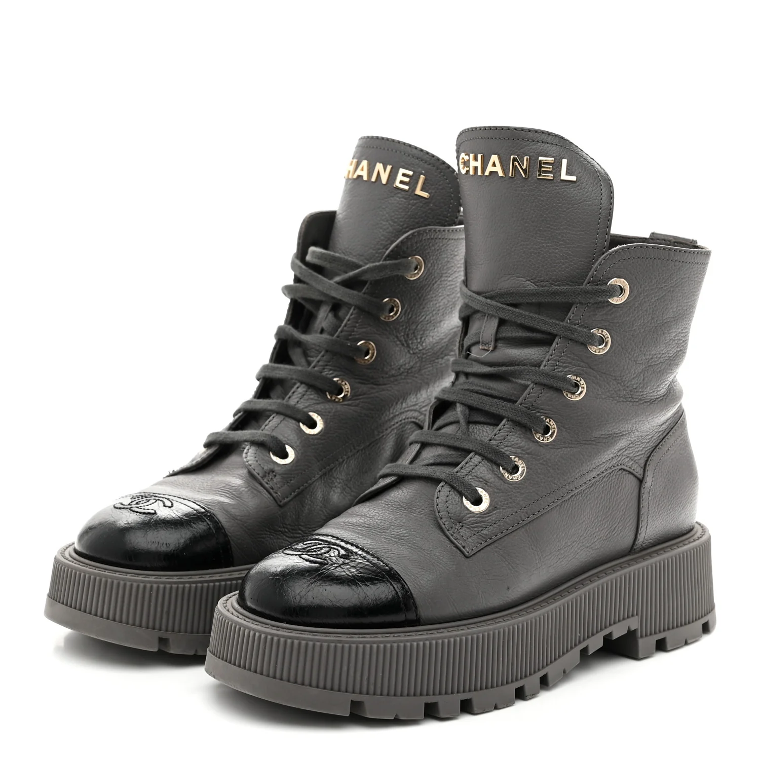 Calfskin CC Lace Up Combat Boots 39 Gray