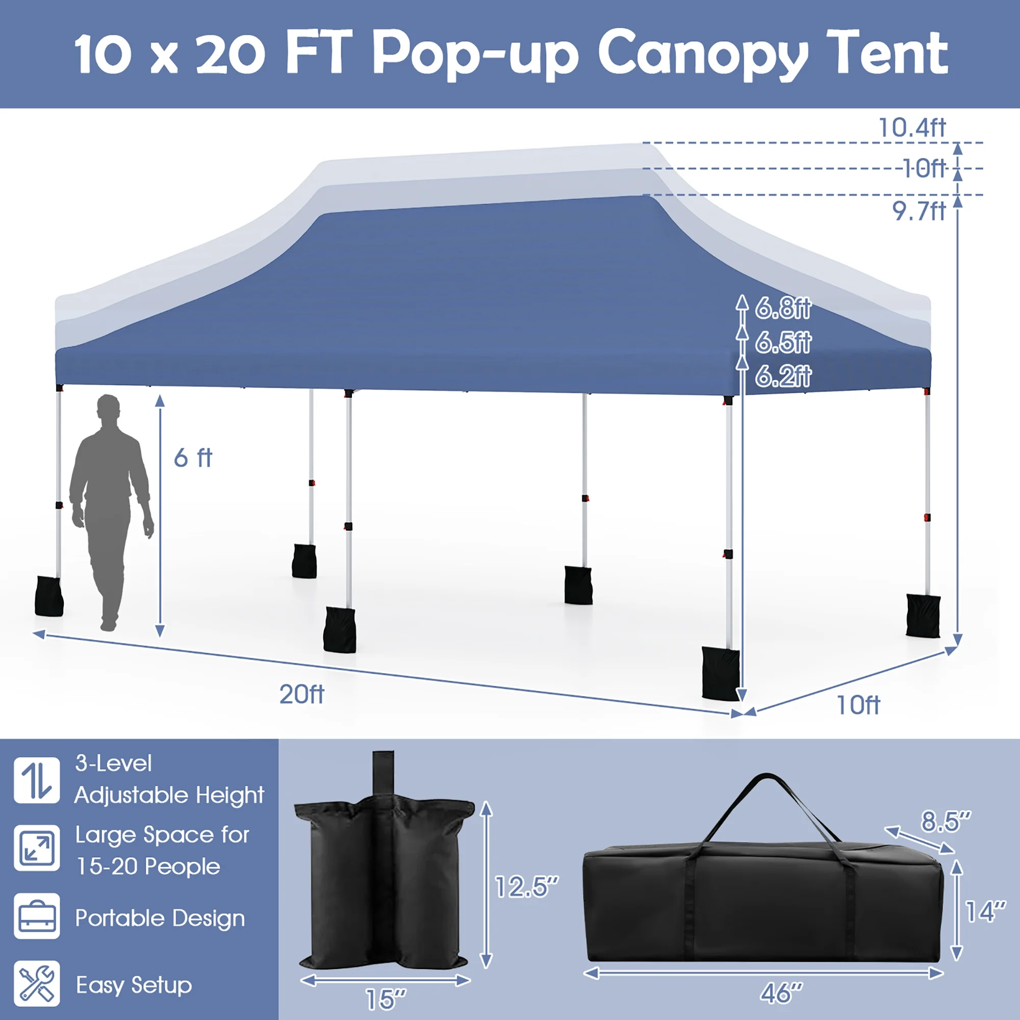 Gymax 10 x 20FT Pop-up Canopy Tent Folding Instant Sun Shelter w/ 3 Adjustable Heights Blue(Blue)