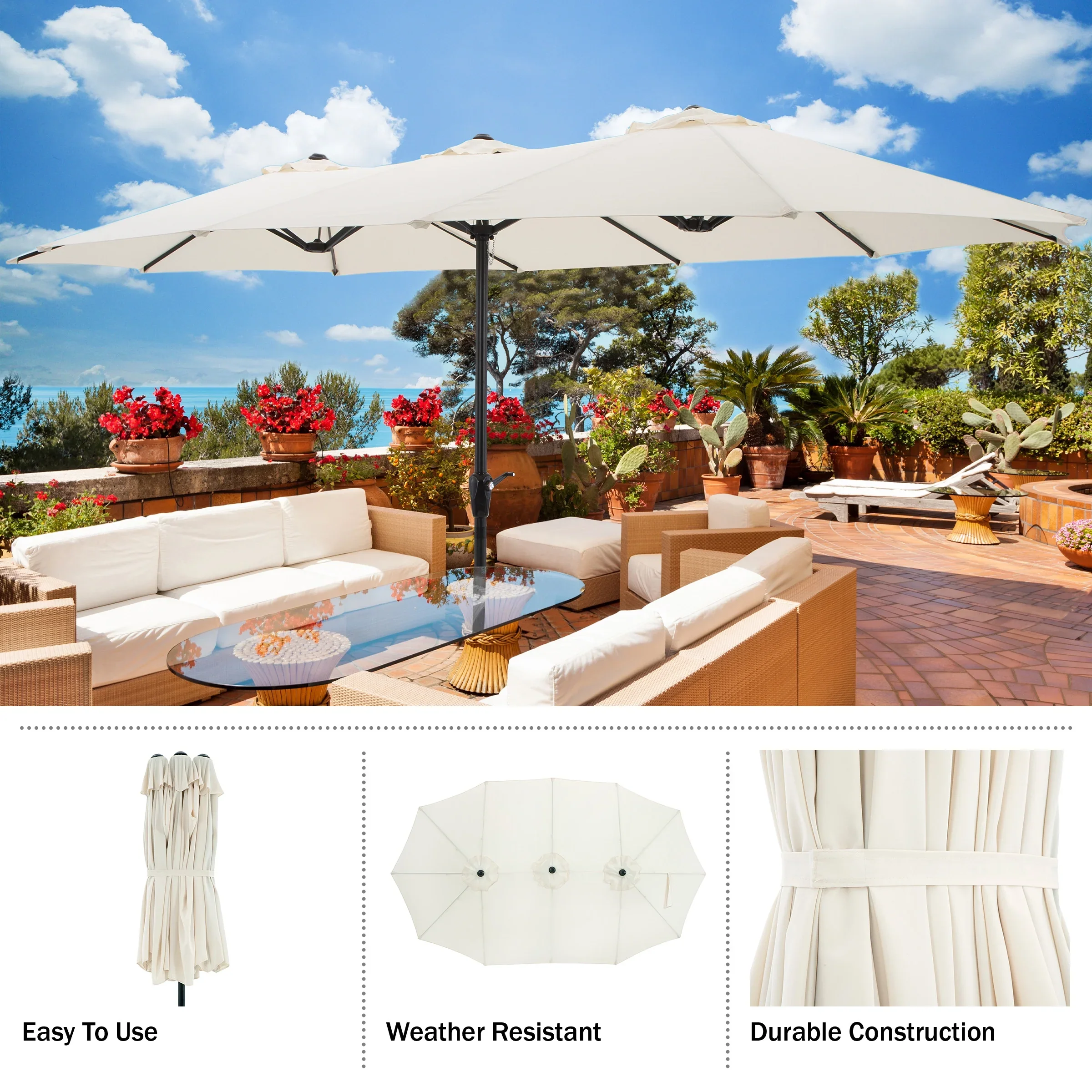 Pure Garden 15 Ft Double Patio Umbrella �?XL Sunshade with Hand Crank, Beige