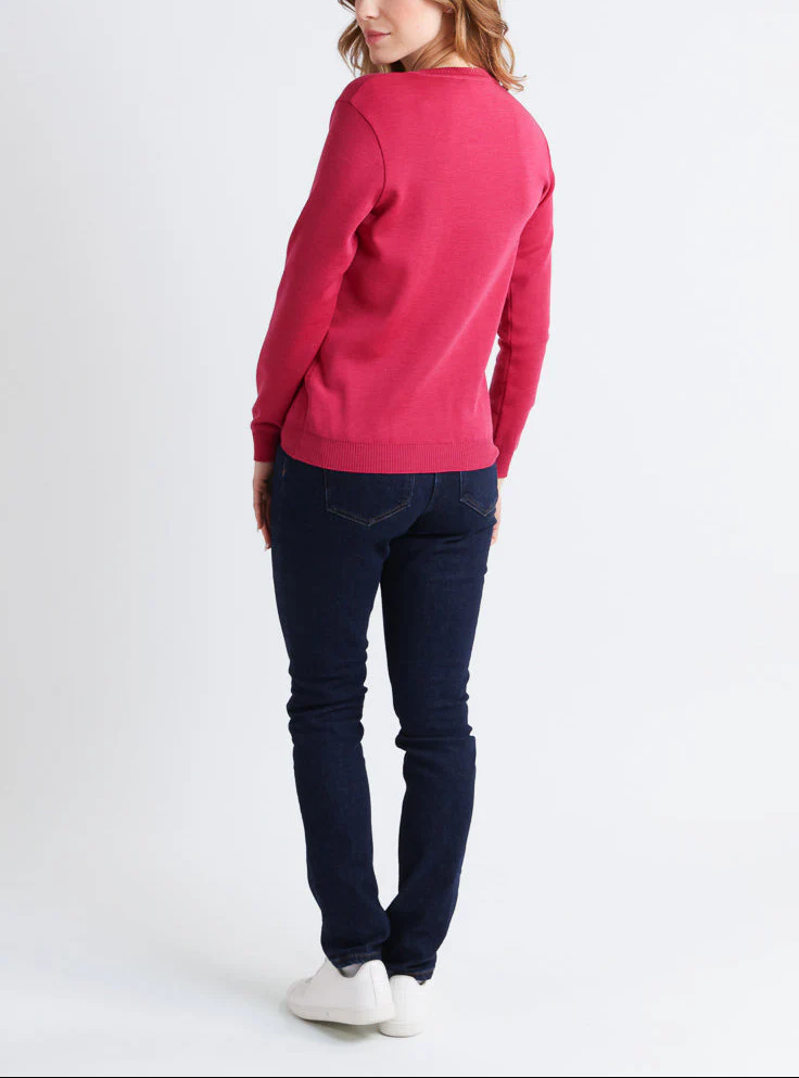 Pull femme en laine mérinos col rond Rose Géranium