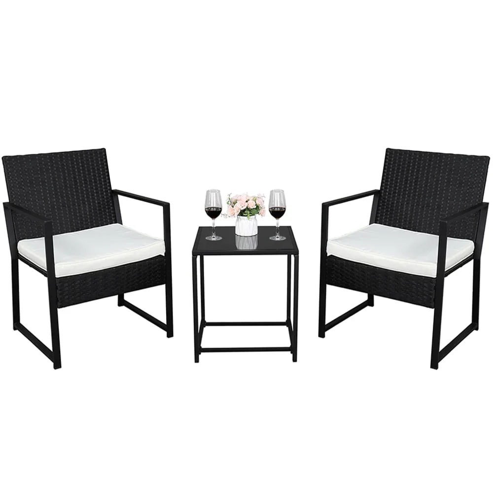 Seizeen Outdoor Furniture Set, 3 PCS Rattan Conversation Set for 2, Cushioned Patio Sofa Set W/2 Arm Chairs & 1 Table for Garden Pool Porch Deck