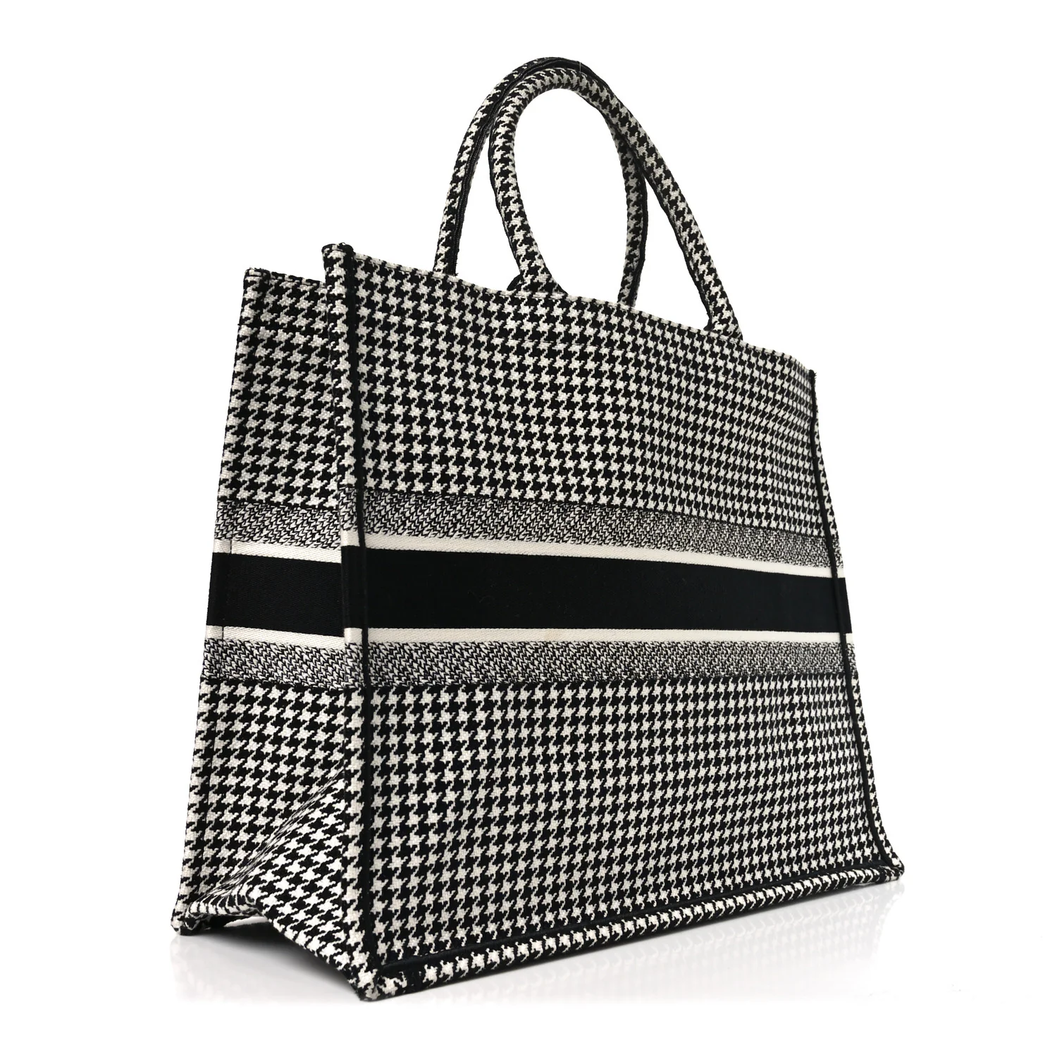 Canvas Houndstooth Embroidered Book Tote Black White