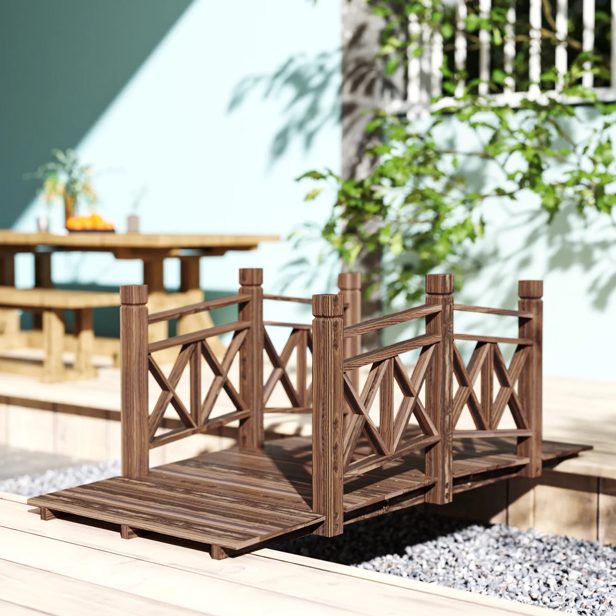 QISHENSHUI 5 ft. Sturdy Natural Wood Garden Bridge �C Premium Timber Construction with Solid Safety Handrails for Backyard Paths, Small Ponds & Garden Water Features, Carbonized