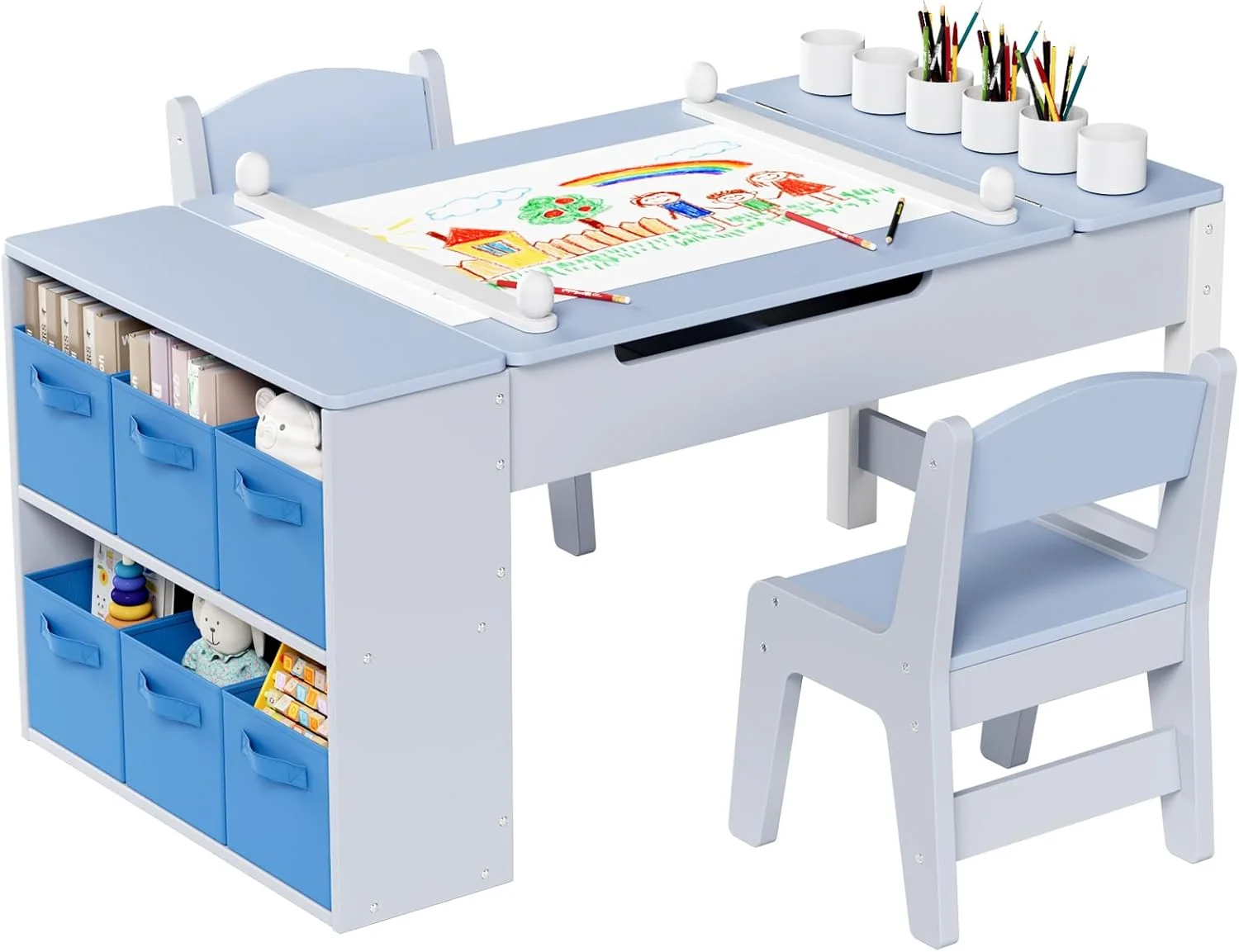 Kids Art Table and 2 Chairs Set, 2 in 1 Easel Toddler Craft Table and Chairs Set with Storage Bins, Paint Cups and Paper Roll, Activity Table Set for Children 3+(Blue) - Image 10