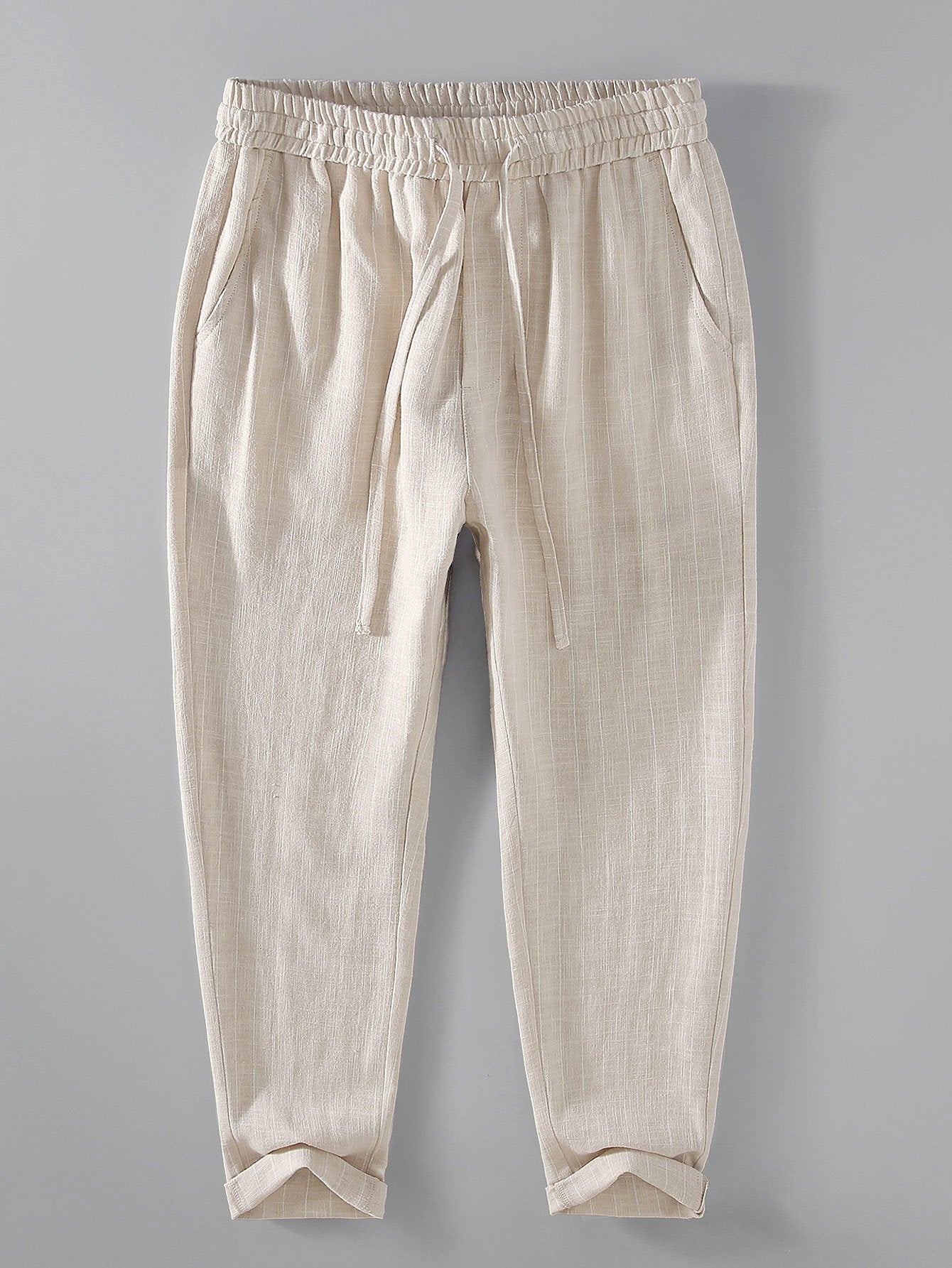 Pantalon court rayé en lin et coton mélangés